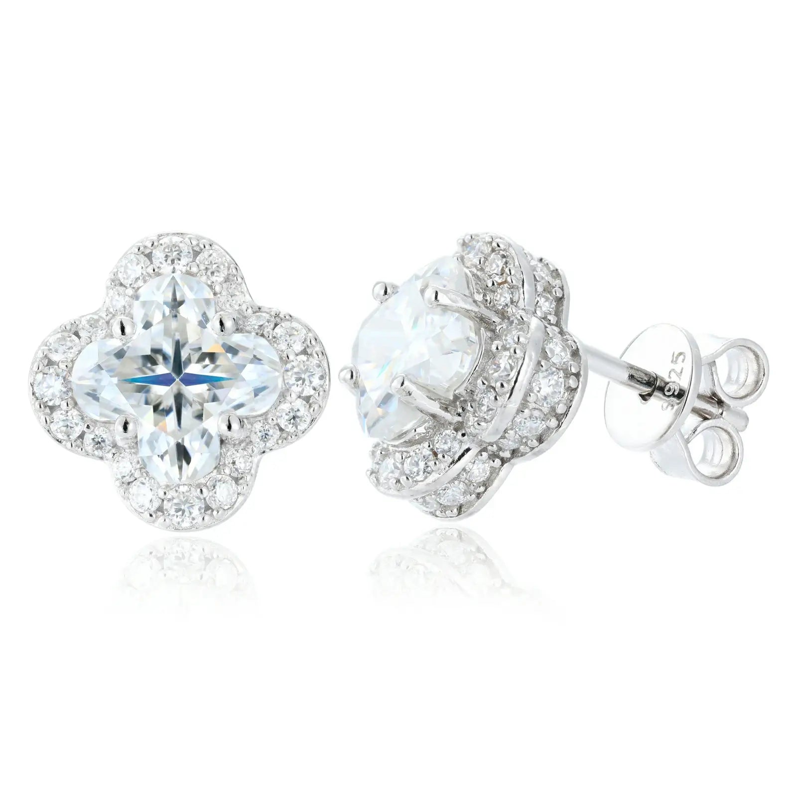 White gold 925 sterling silver lily cut moissanite four leaf clover stud earring on white background — minimalist display, moissanite sparkle, lucky clover design for gifting & personal wear