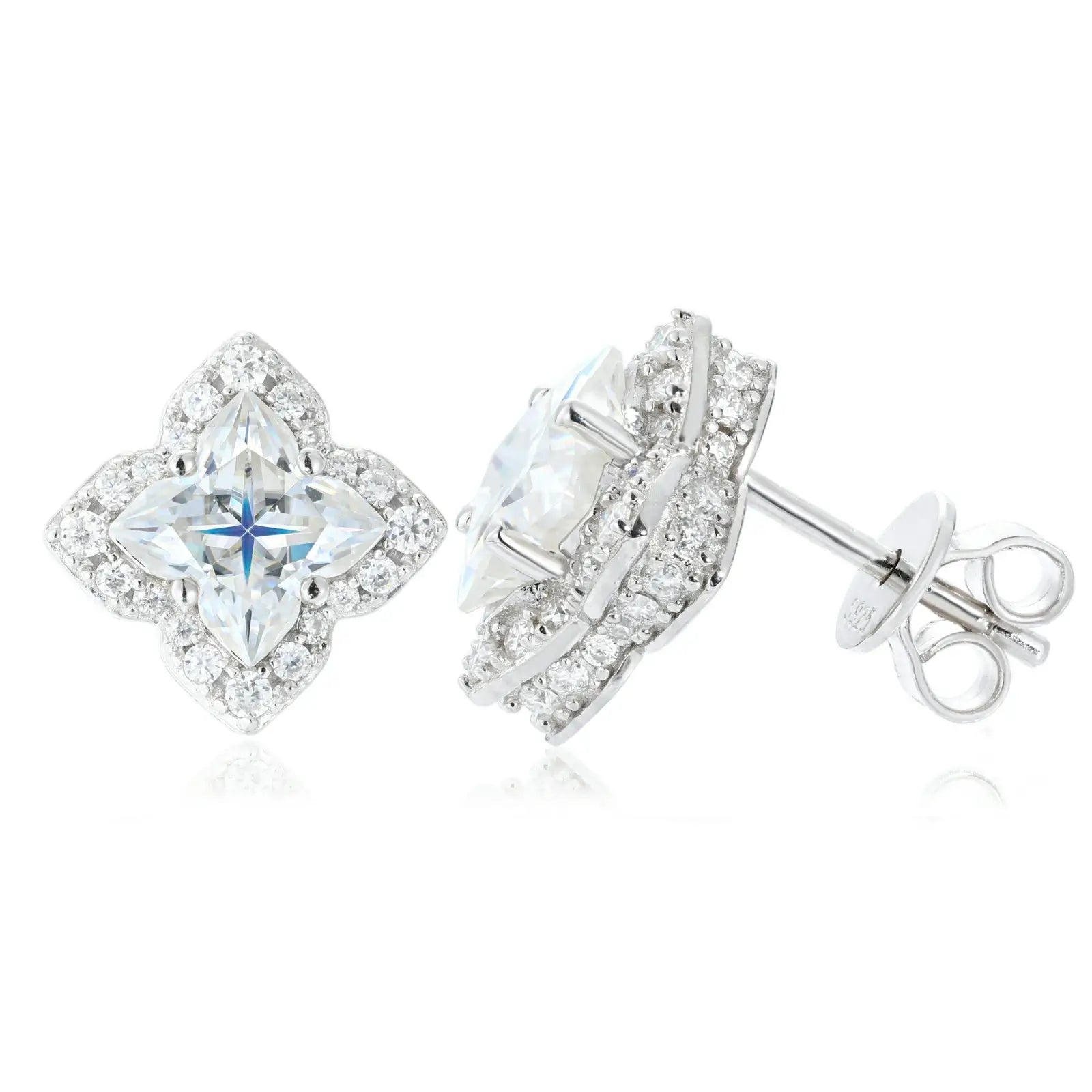 White gold 925 sterling silver lily cut moissanite star stud earring on white background — minimalist display, moissanite brilliance, geometric star design for gifting & personal wear