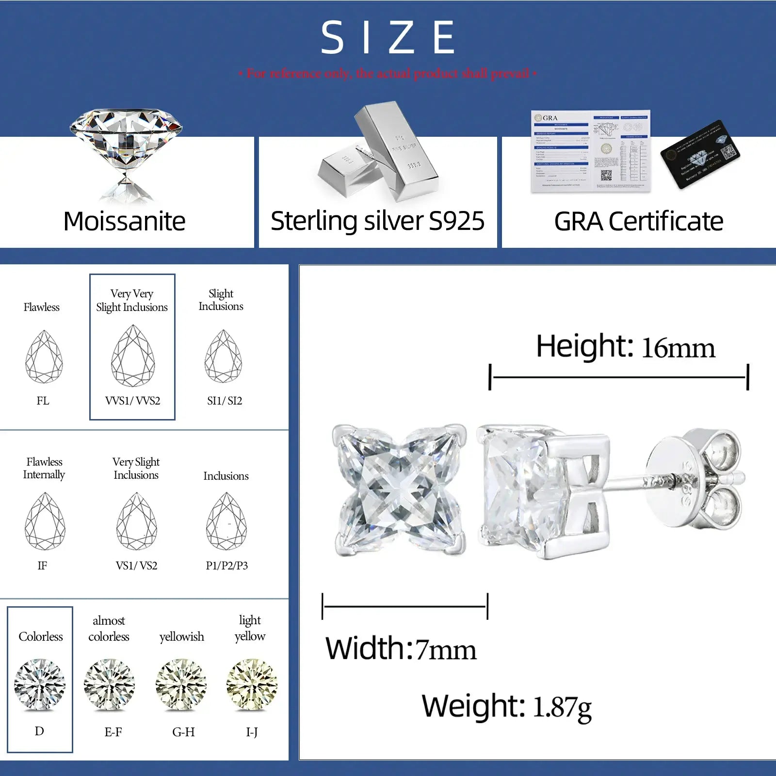 Size chart for white gold 925 sterling silver lily cut moissanite stud earrings — details on width, weight, moissanite grade, hypoallergenic 925 silver specs