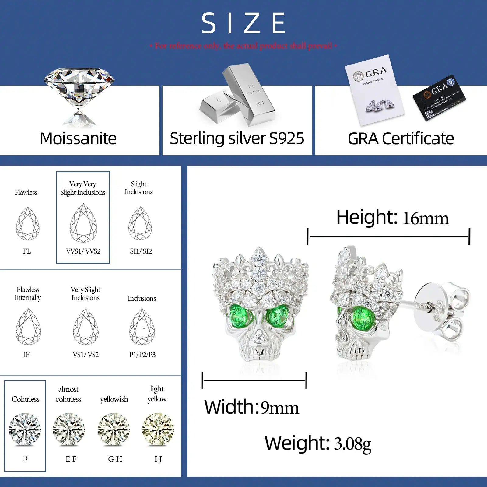 Size chart for white gold 925 sterling silver moissanite Chrome Hearts crown skull stud earrings — details on width, weight, moissanite grade, hypoallergenic 925 silver specs with zircon accent