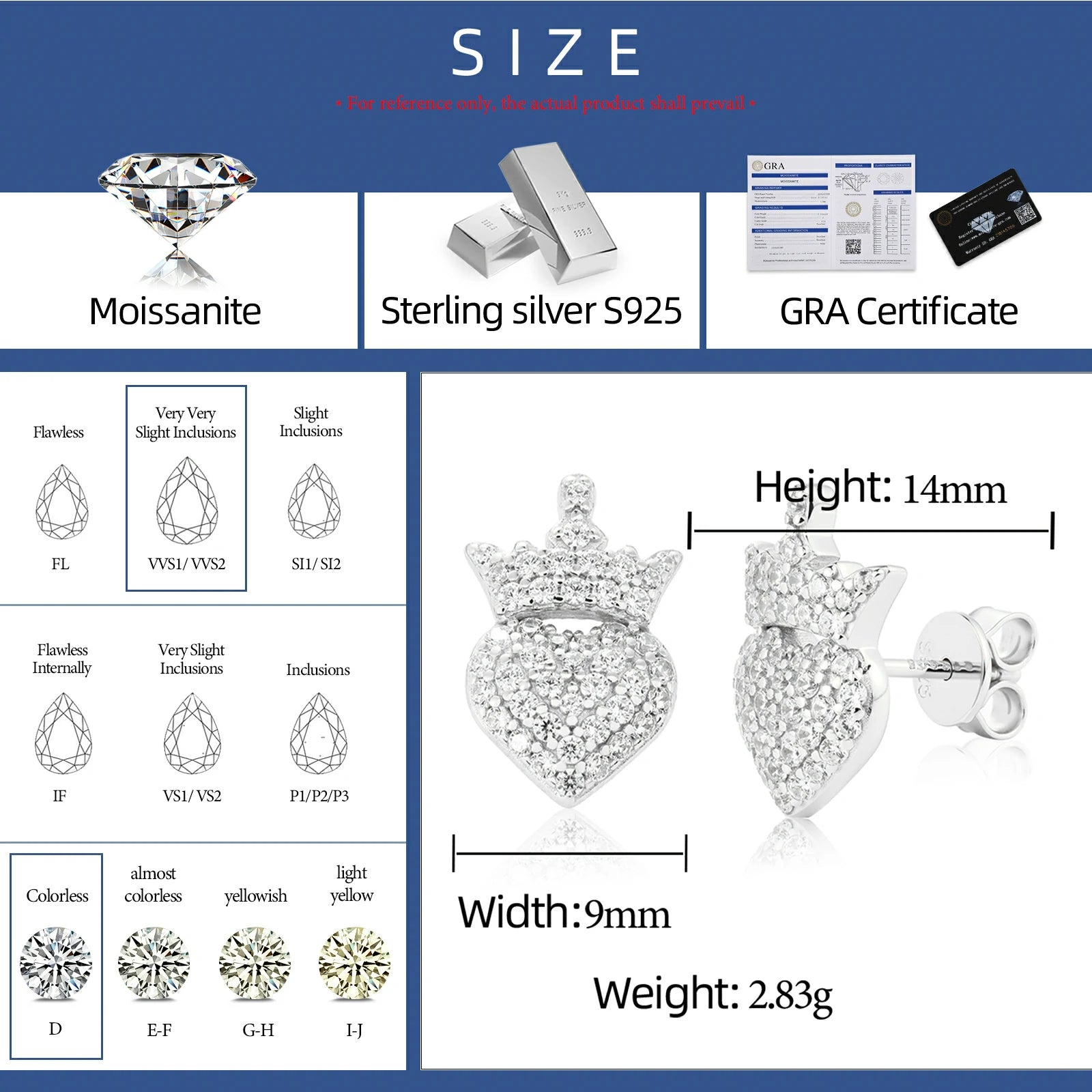 Size chart for white gold 925 sterling silver moissanite crown heart stud earrings — details on width, weight, moissanite grade, hypoallergenic 925 silver specs
