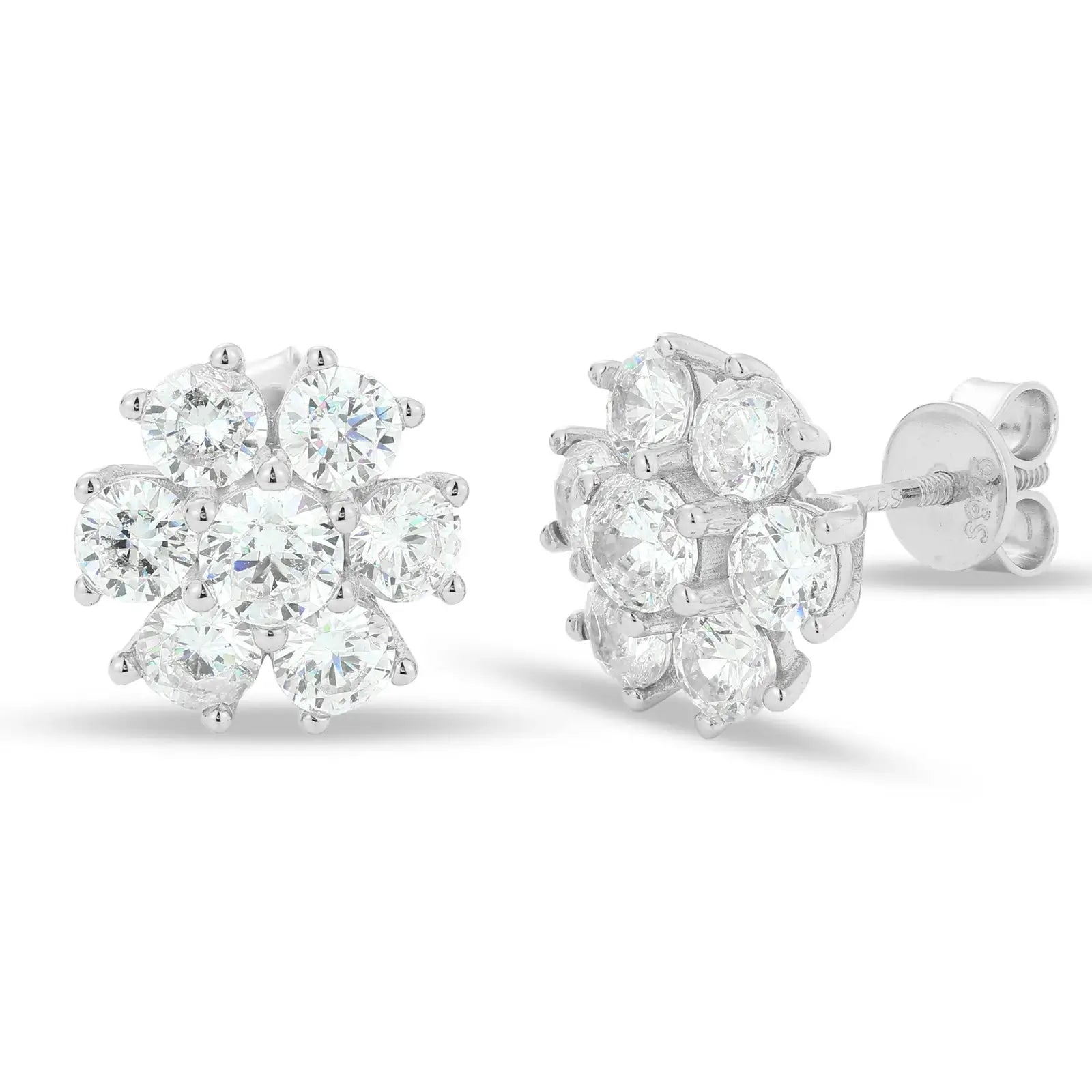 White gold 925 sterling silver moissanite radiance flower stud earring on white background — minimalist display, moissanite brilliance, floral radiance design for gifting & personal wear