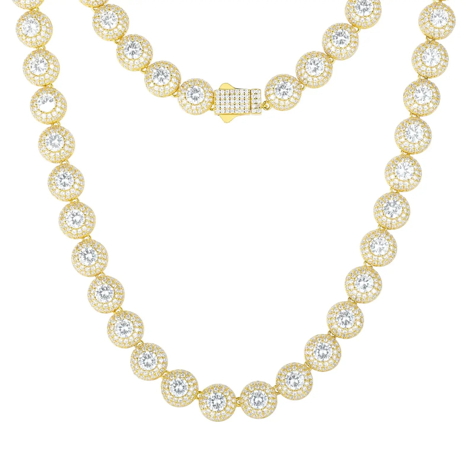 Yellow gold 10mm 925 sterling silver moissanite round halo tennis chain full display on white background — showcases warm gold tone, full moissanite sparkle, timeless tennis chain design