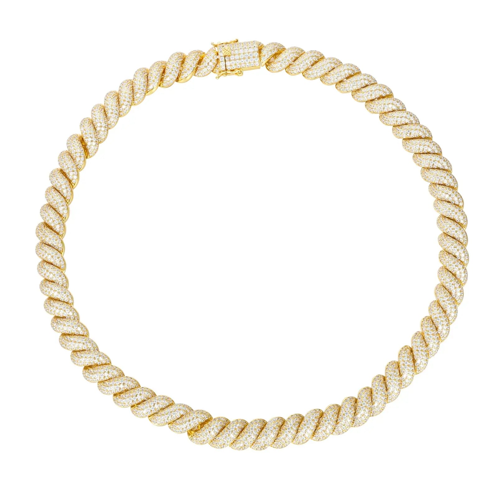 Yellow gold 12mm 925 sterling silver moissanite hemp rope chain full display on white background — showcases warm gold tone, full moissanite sparkle, timeless hemp rope design