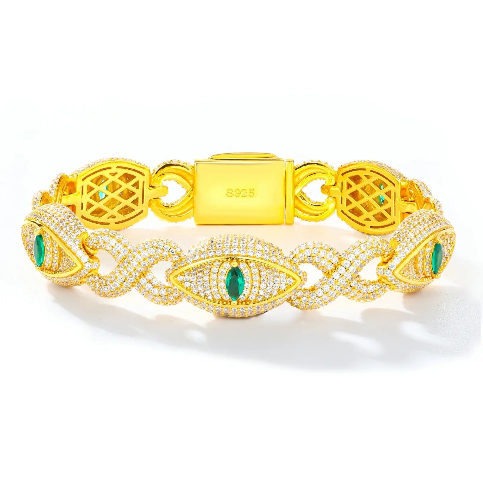 Yellow gold 14mm 925 sterling silver moissanite infinity evil eye bracelet on white background — warm gold tone, 925 silver durability, evil eye & infinity motif