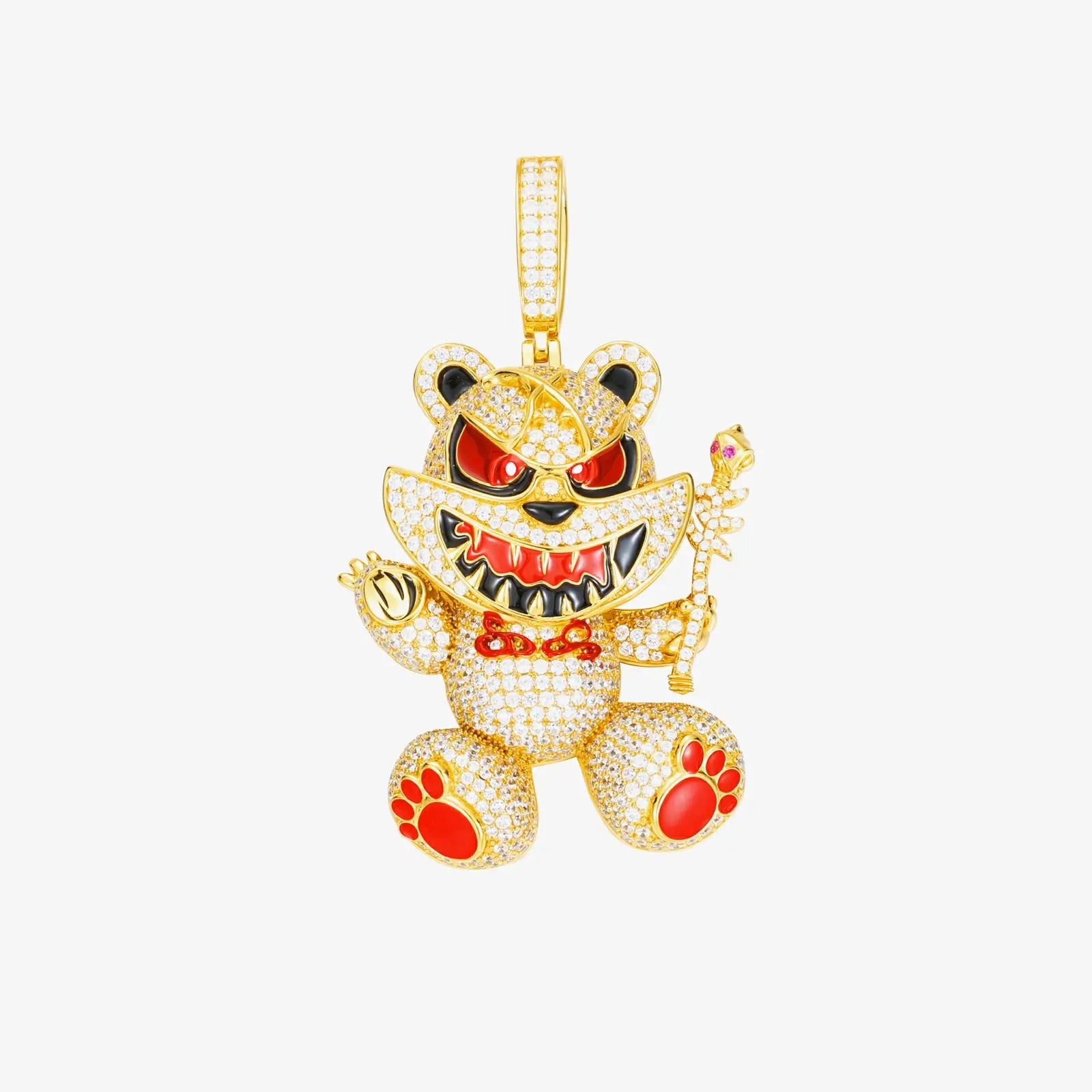 Yellow gold 925 sterling silver moissanite evil bear pendant on white background — bold gold tone, moissanite-encrusted evil bear design