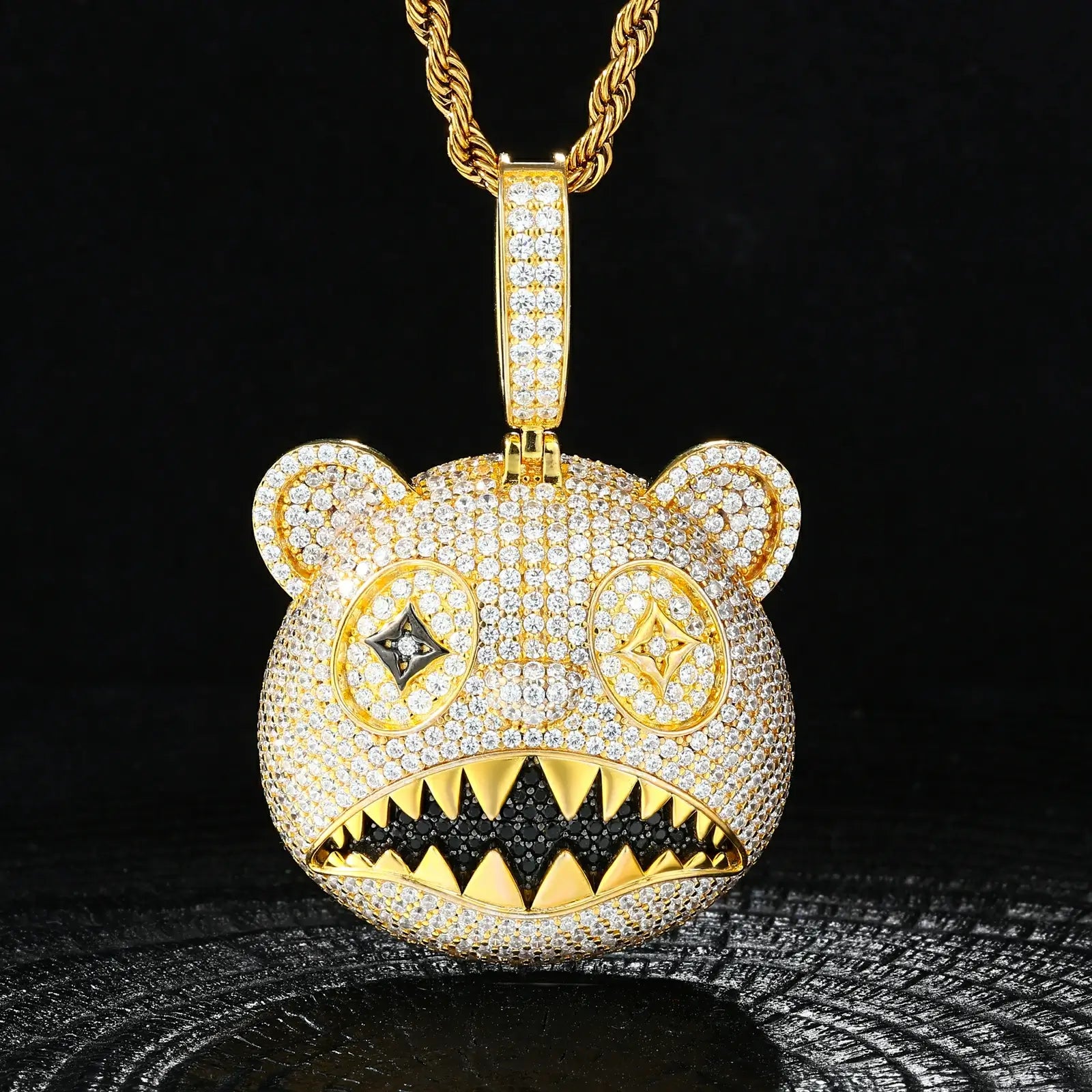 Yellow gold 925 sterling silver moissanite hungry bear pendant hanging on black table — showcasing fierce bear design, moissanite glow