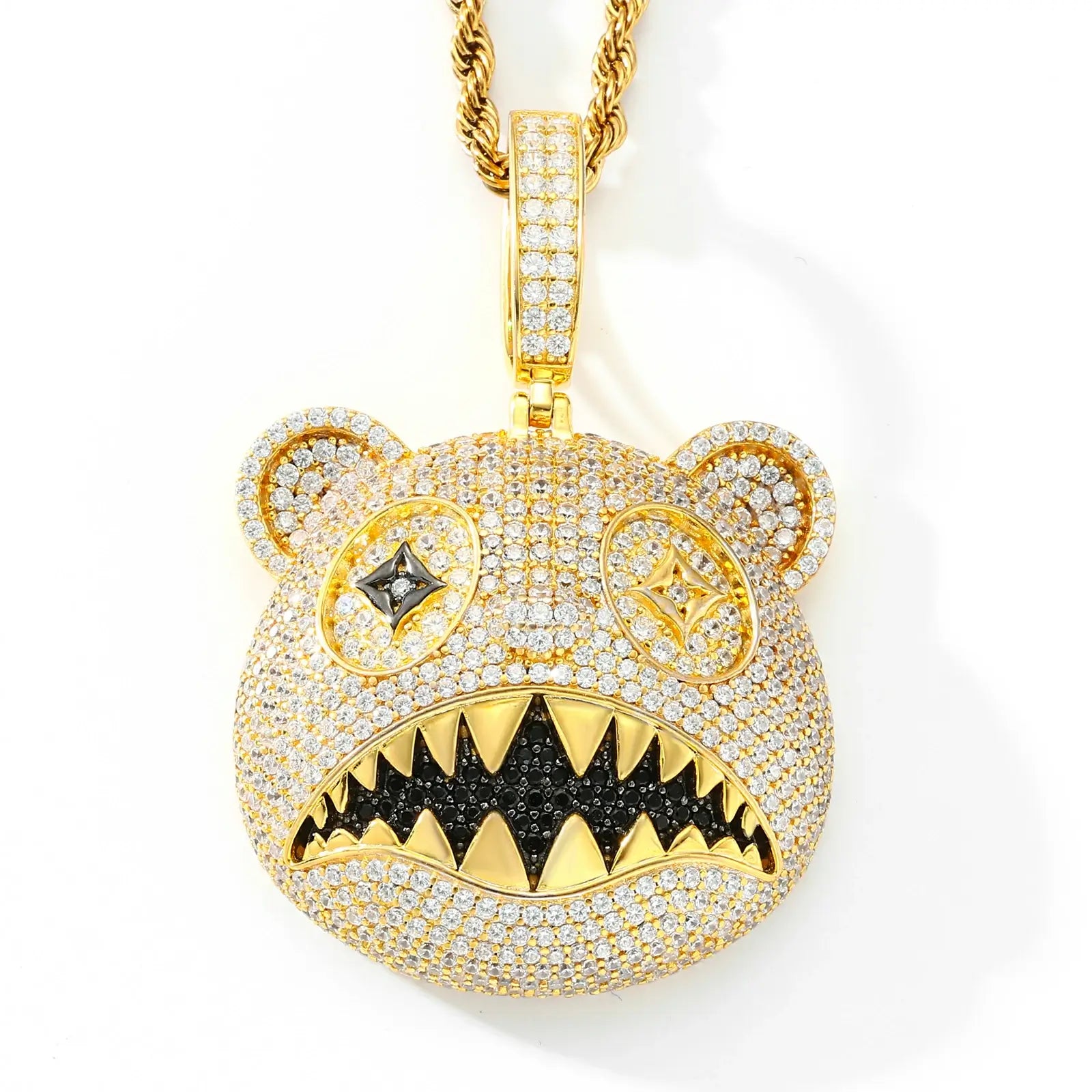 Yellow gold 925 sterling silver moissanite hungry bear pendant on white background — bold gold tone, moissanite-encrusted bear design