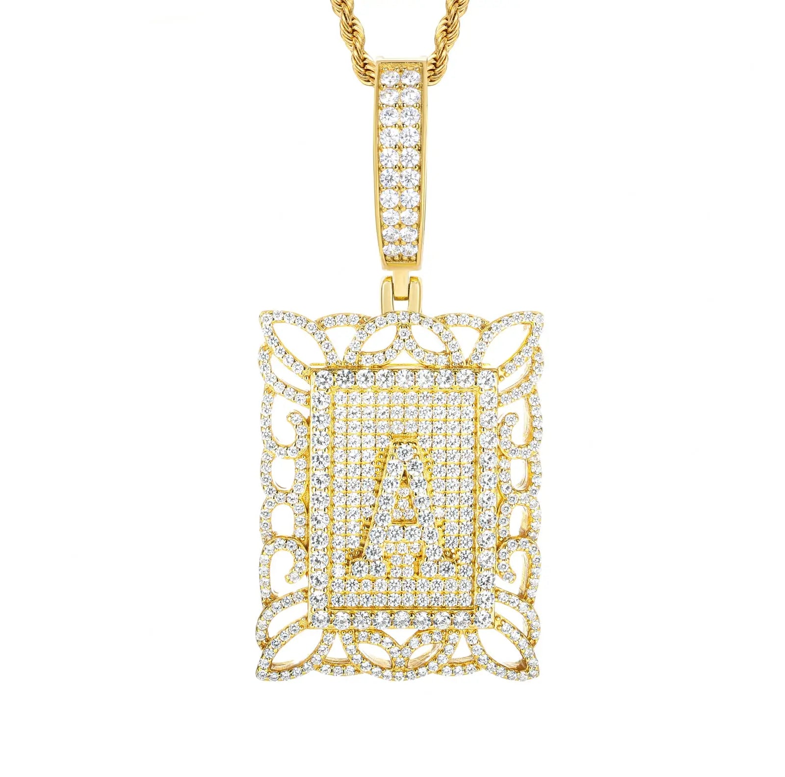 Yellow gold 925 sterling silver moissanite Letter A square dog tag pendant on white background — warm gold finish, 925 silver longevity, square dog tag shape + Letter A detail