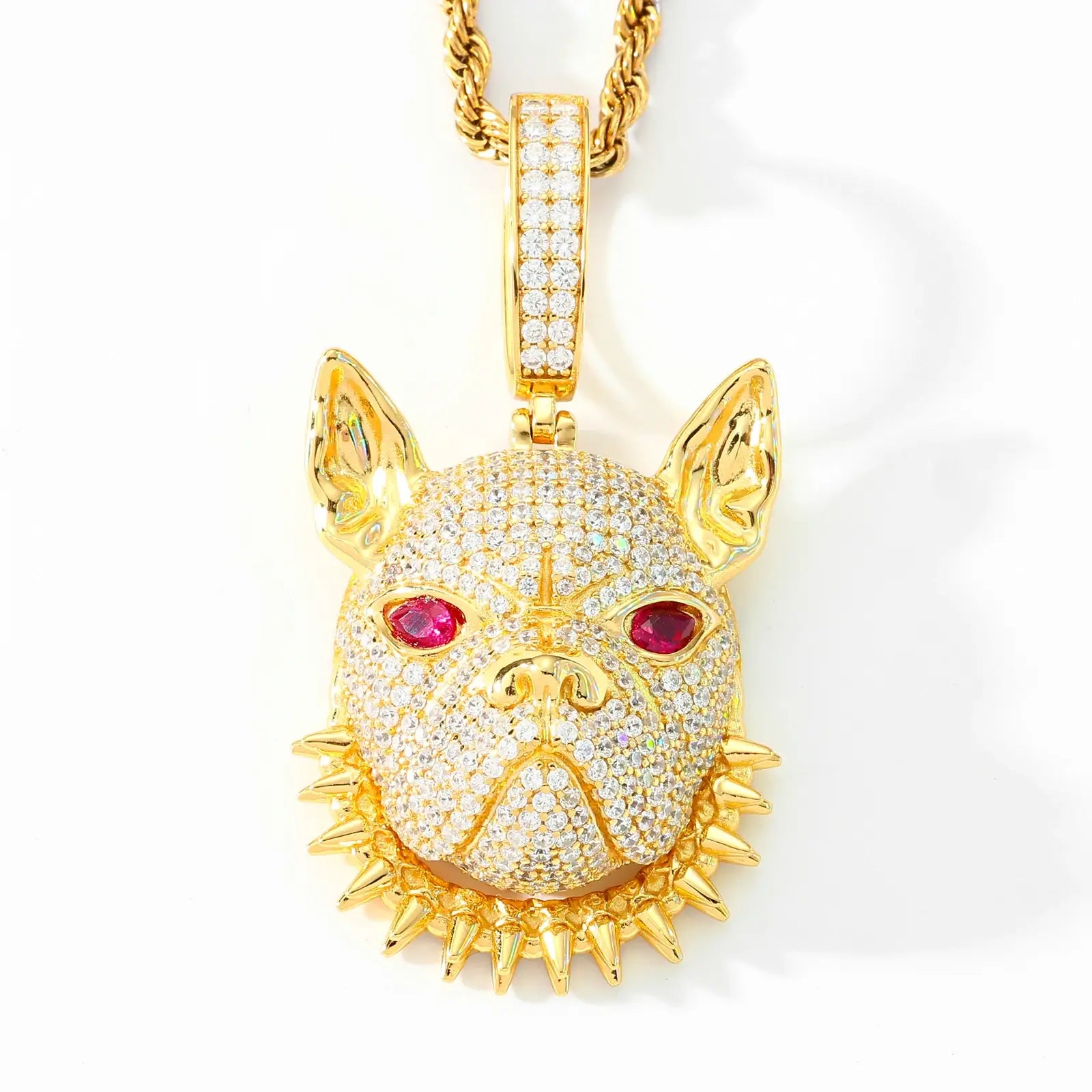 Yellow gold 925 sterling silver moissanite pitbull spike collar pendant on white background — bold gold tone, moissanite-encrusted pitbull design