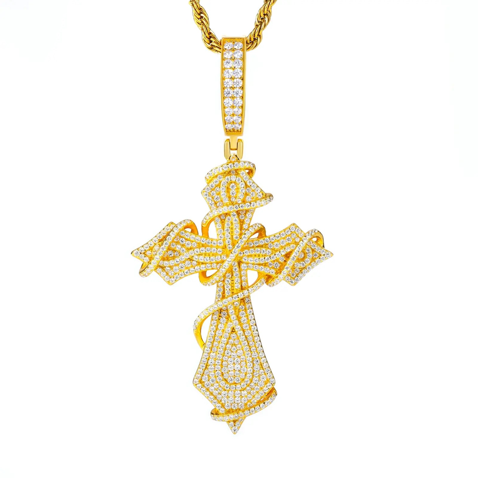 Yellow gold 925 sterling silver moissanite thorns cross pendant on white background — bold gold tone, moissanite-encrusted thorns, hypoallergenic 925 silver