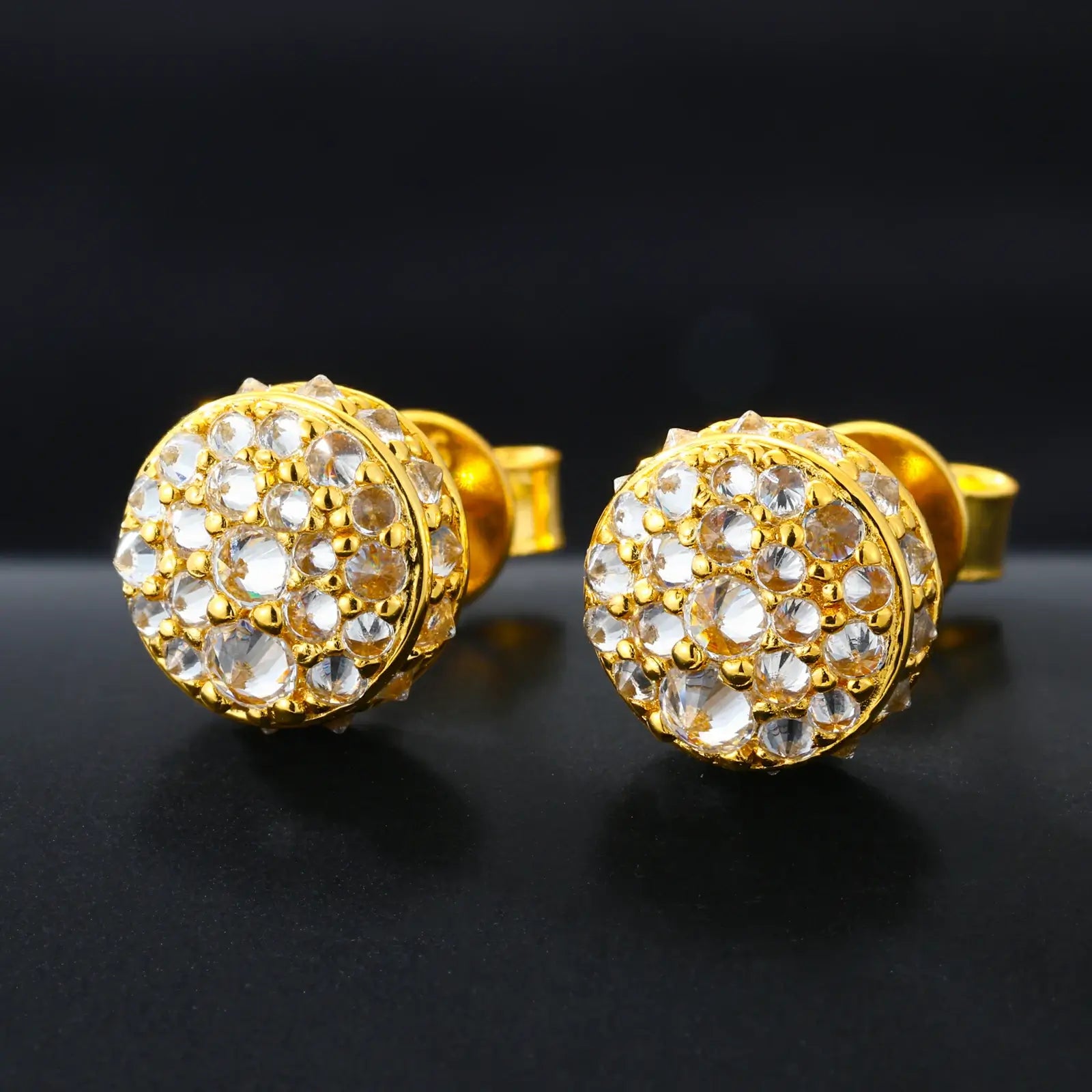 Yellow gold 925 sterling silver moissanite thorns stud earrings full display on black table — showcasing thorn design, moissanite sparkle, 925 silver craftsmanship