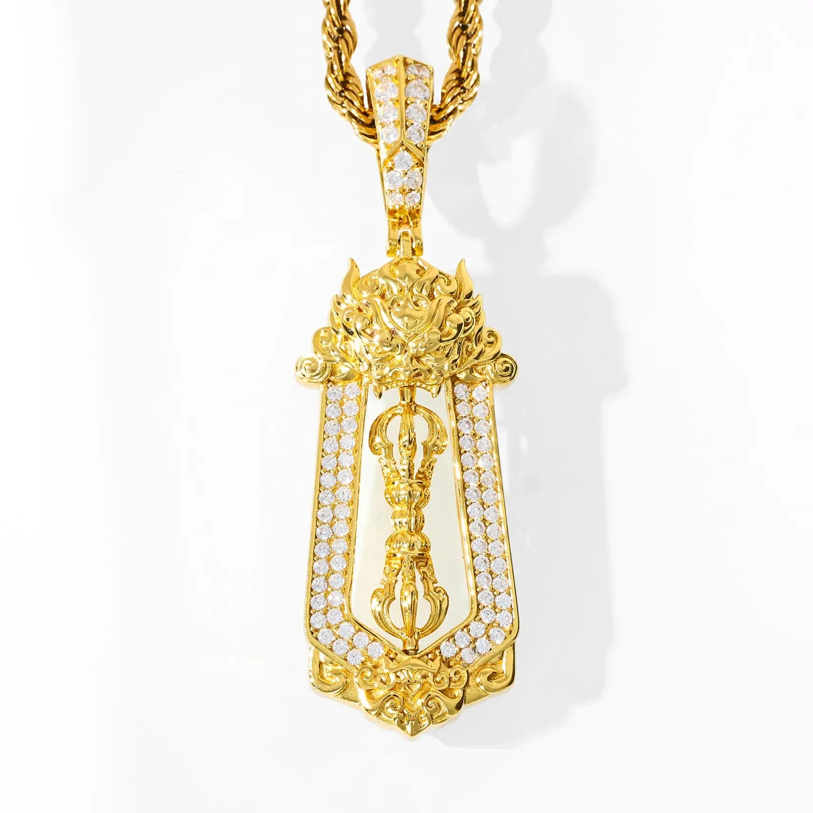 Yellow gold 925 sterling silver moissanite brave troops vajra pendant on white background — bold gold tone, moissanite-encrusted vajra, hypoallergenic 925 silver