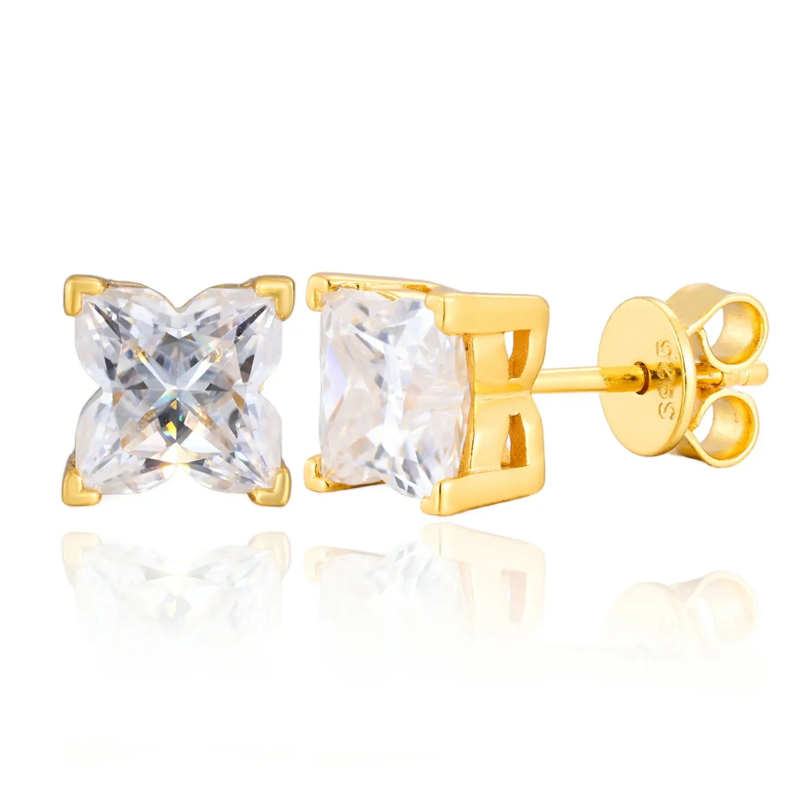Yellow gold 925 sterling silver lily cut moissanite stud earring on white background — warm gold finish, 925 silver longevity, lily-cut moissanite stud design