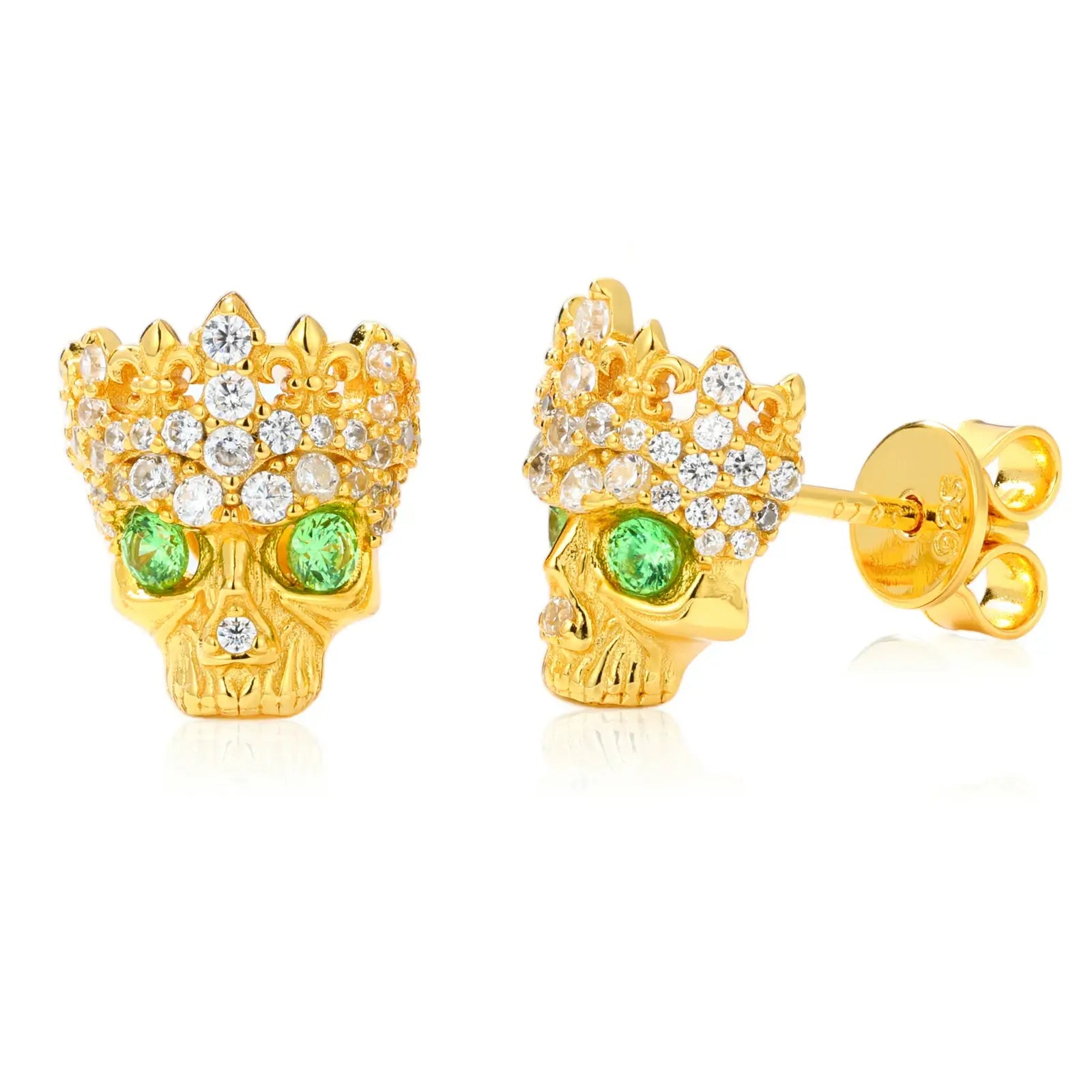 Yellow gold 925 sterling silver moissanite Chrome Hearts crown skull stud earring on white background — warm gold finish, 925 silver longevity, moissanite & zircon-encrusted crown-skull stud design