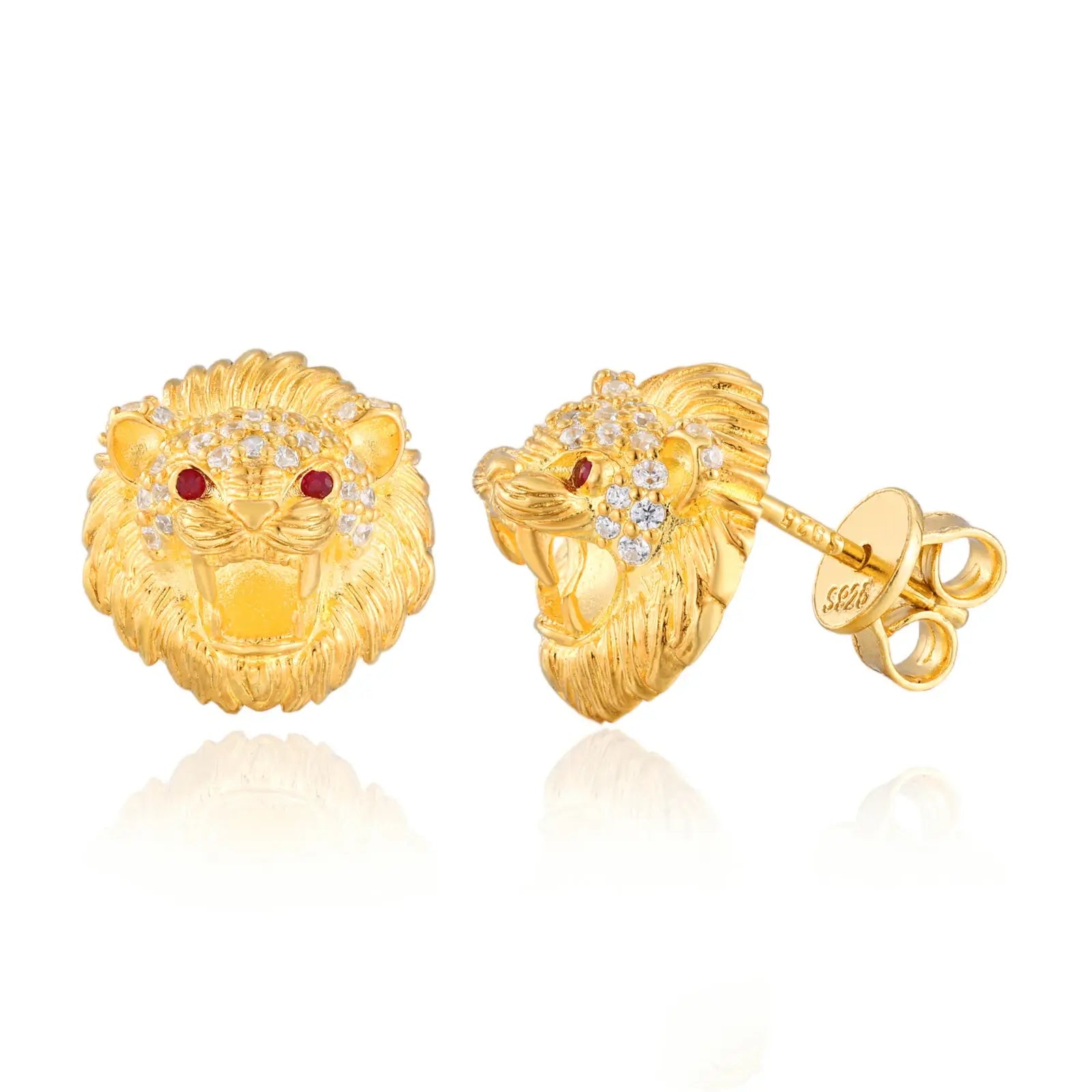 Yellow gold 925 sterling silver moissanite little lion stud earring on white background — warm gold finish, 925 silver longevity, moissanite-encrusted lion stud design