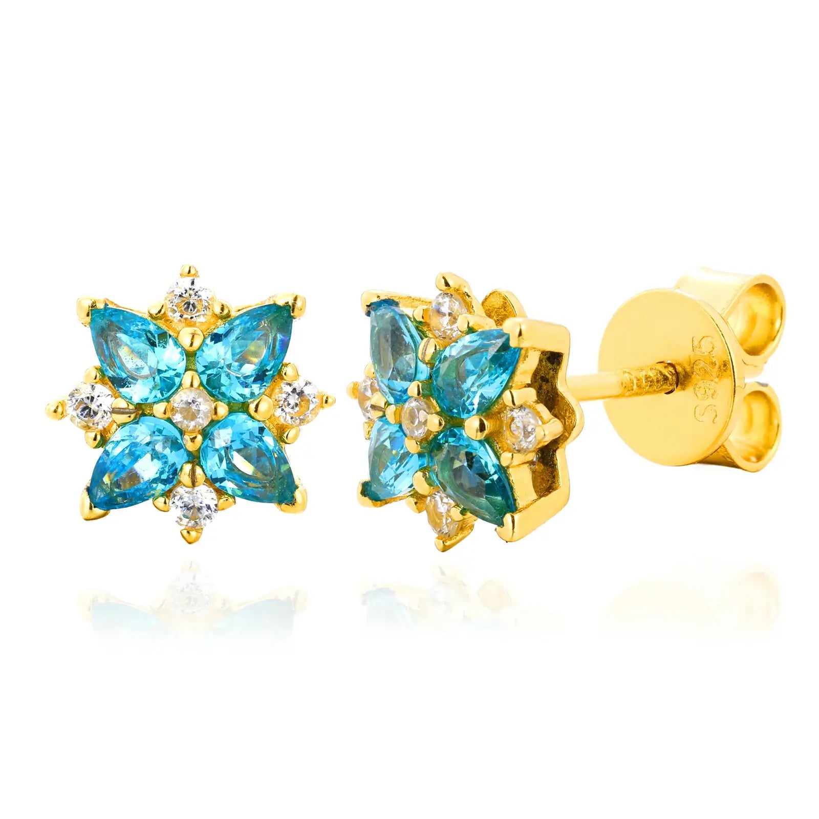 Yellow gold 925 sterling silver moissanite lucky star clover stud earring on white background — warm gold finish, 925 silver longevity, moissanite & zircon-encrusted star-clover stud design