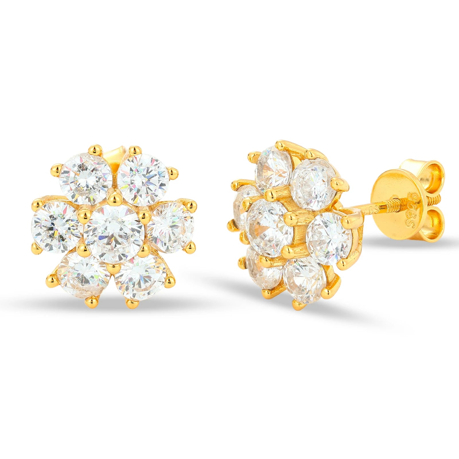 Yellow gold 925 sterling silver moissanite radiance flower stud earring on white background — warm gold finish, 925 silver longevity, moissanite-encrusted floral stud design