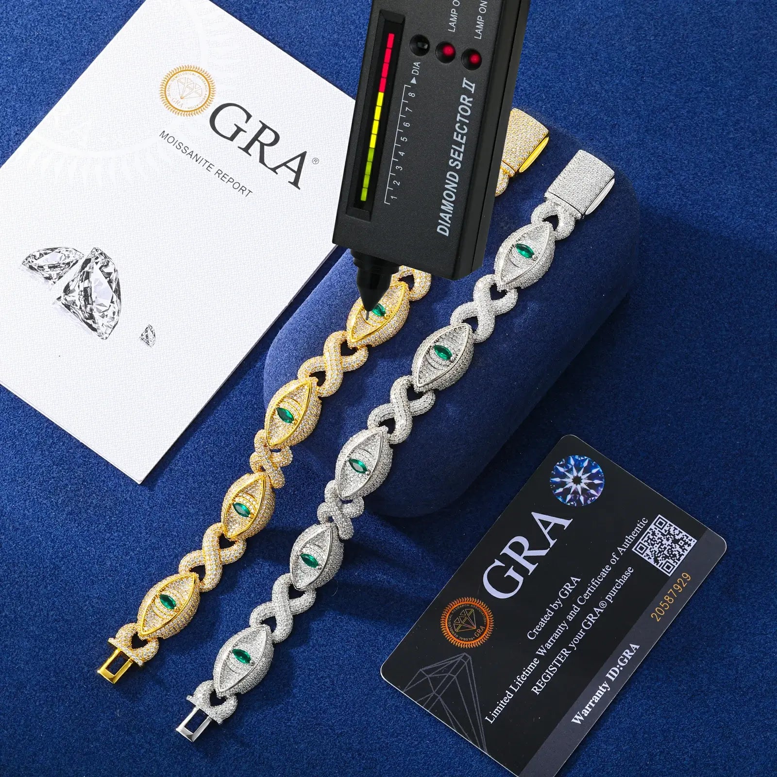 Yellow & white gold 14mm 925 sterling silver moissanite infinity evil eye bracelets with diamond tester + GRA certificate — certified moissanite, 925 silver craftsmanship, evil eye symbolism