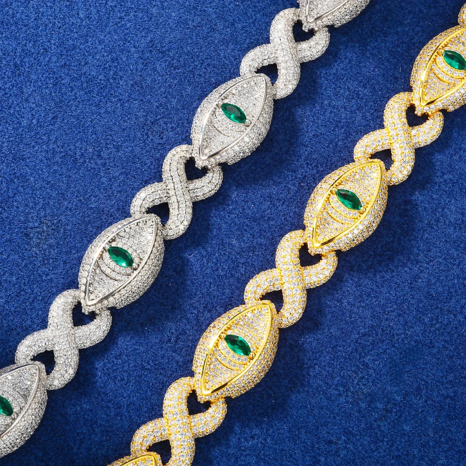 Close-up of yellow & white gold 14mm 925 sterling silver moissanite infinity evil eye bracelet links — highlighting moissanite detailing, infinity-evil eye texture, 925 silver build