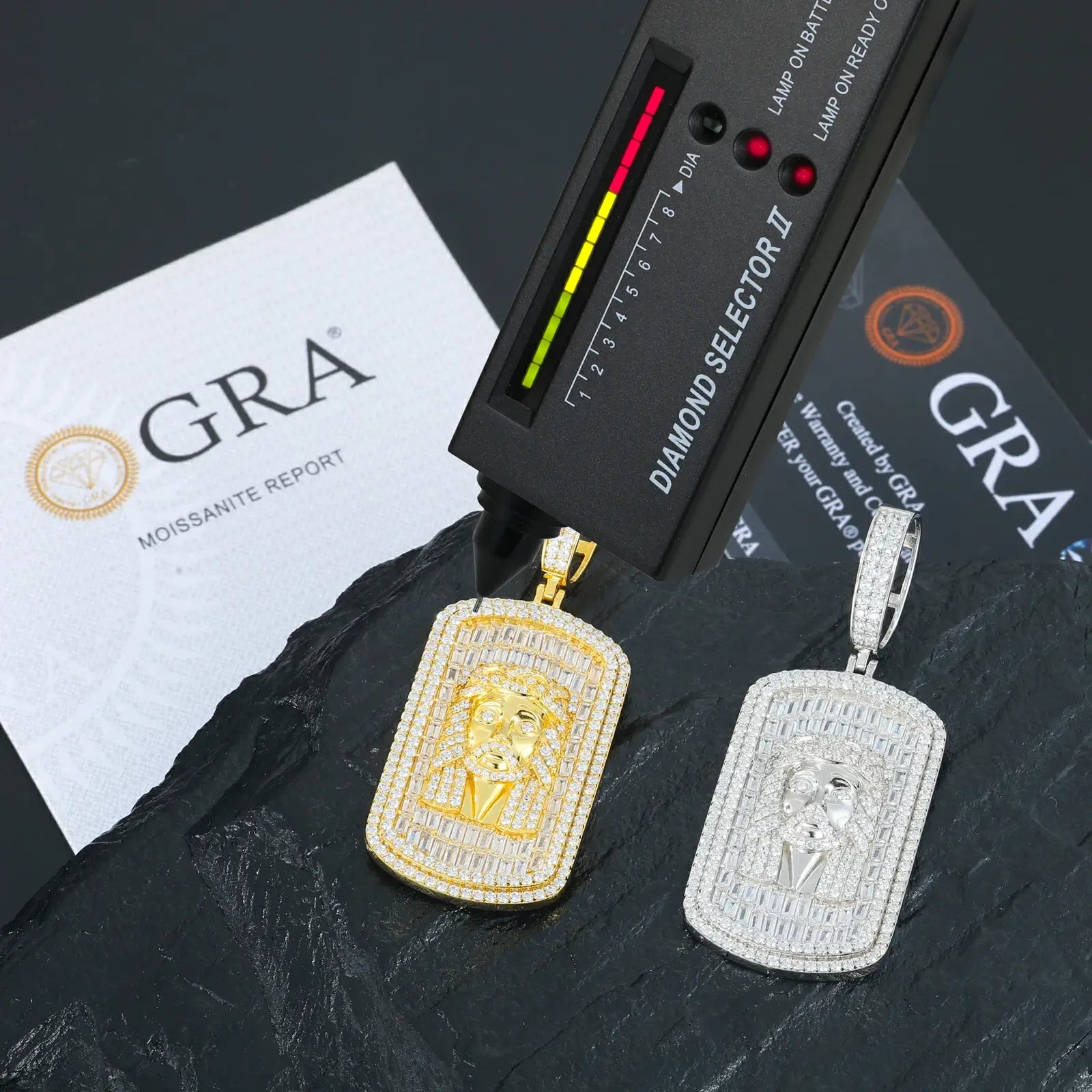 Yellow & white gold 925 sterling silver baguette moissanite Jesus dog tag pendants with diamond tester + GRA certificate on black table — certified moissanite spiritual jewelry