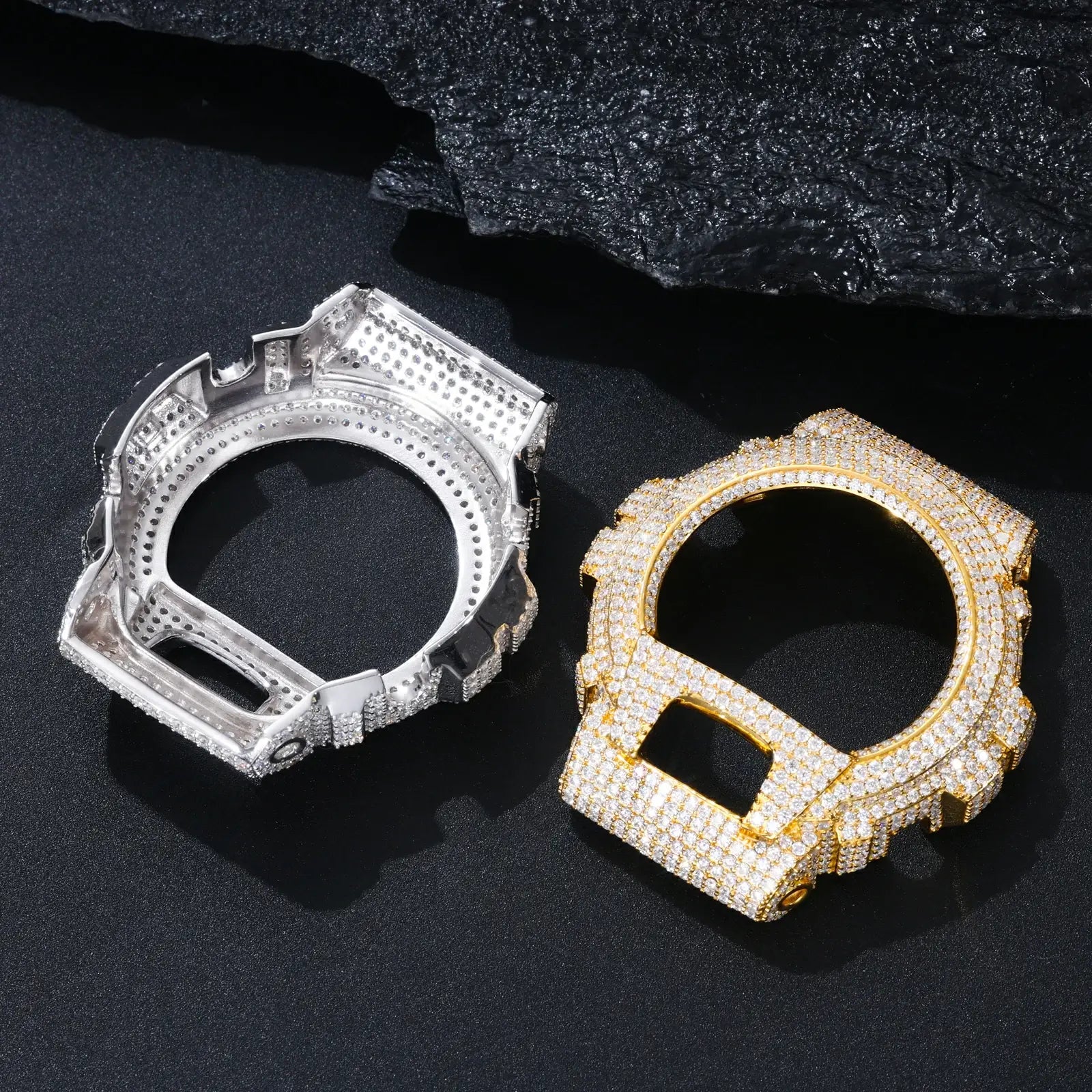 Yellow & white gold 925 sterling silver moissanite G-Shock DW6900 watch case comparison on black background — emphasizes color options, full moissanite inlay, 925 silver durability