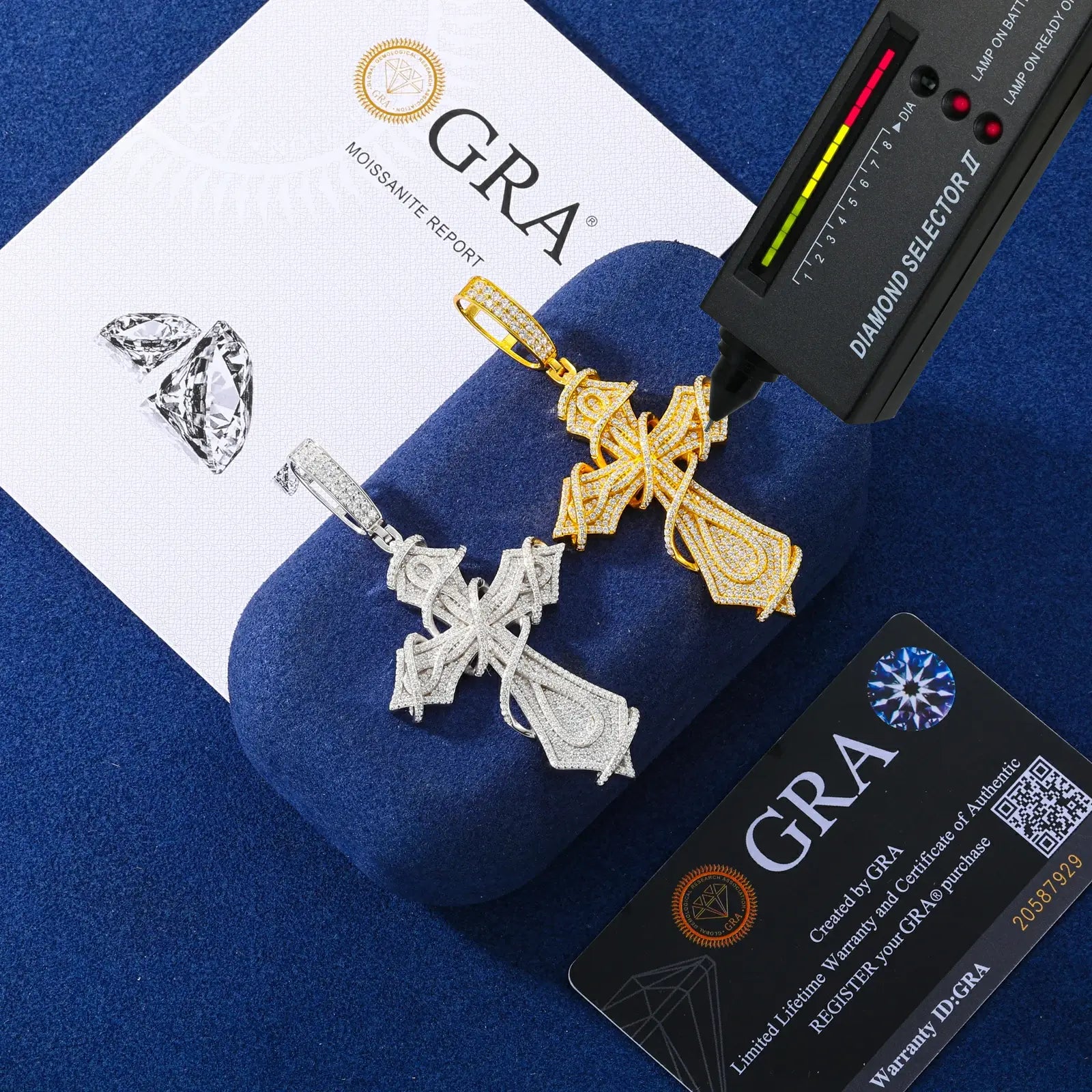 Yellow & white gold 925 sterling silver moissanite thorns cross pendants with diamond tester + GRA certificate — certified moissanite, 925 silver, thorns cross design