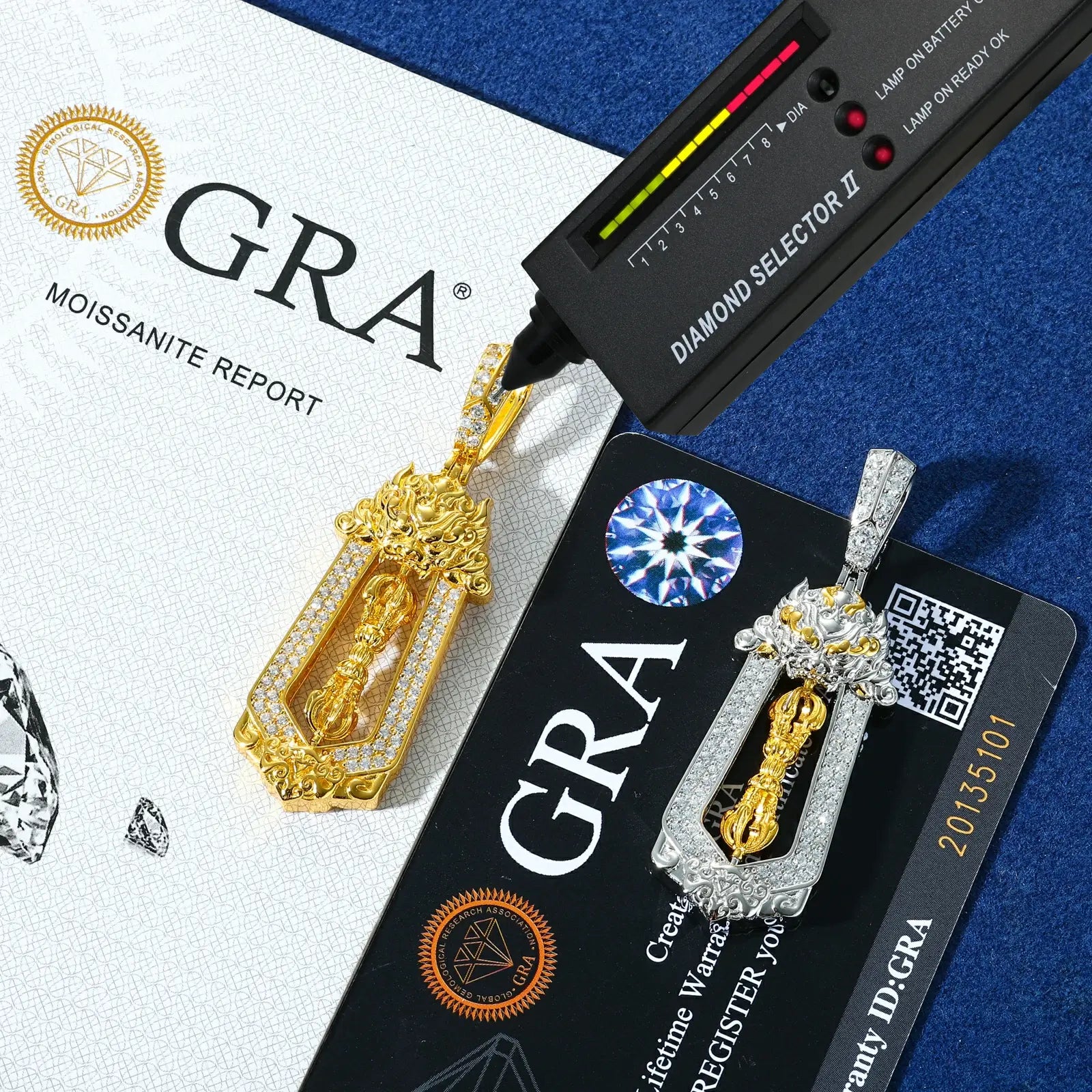 Yellow & white gold 925 sterling silver moissanite brave troops vajra pendants with diamond tester + GRA certificate — certified moissanite, 925 silver, vajra design