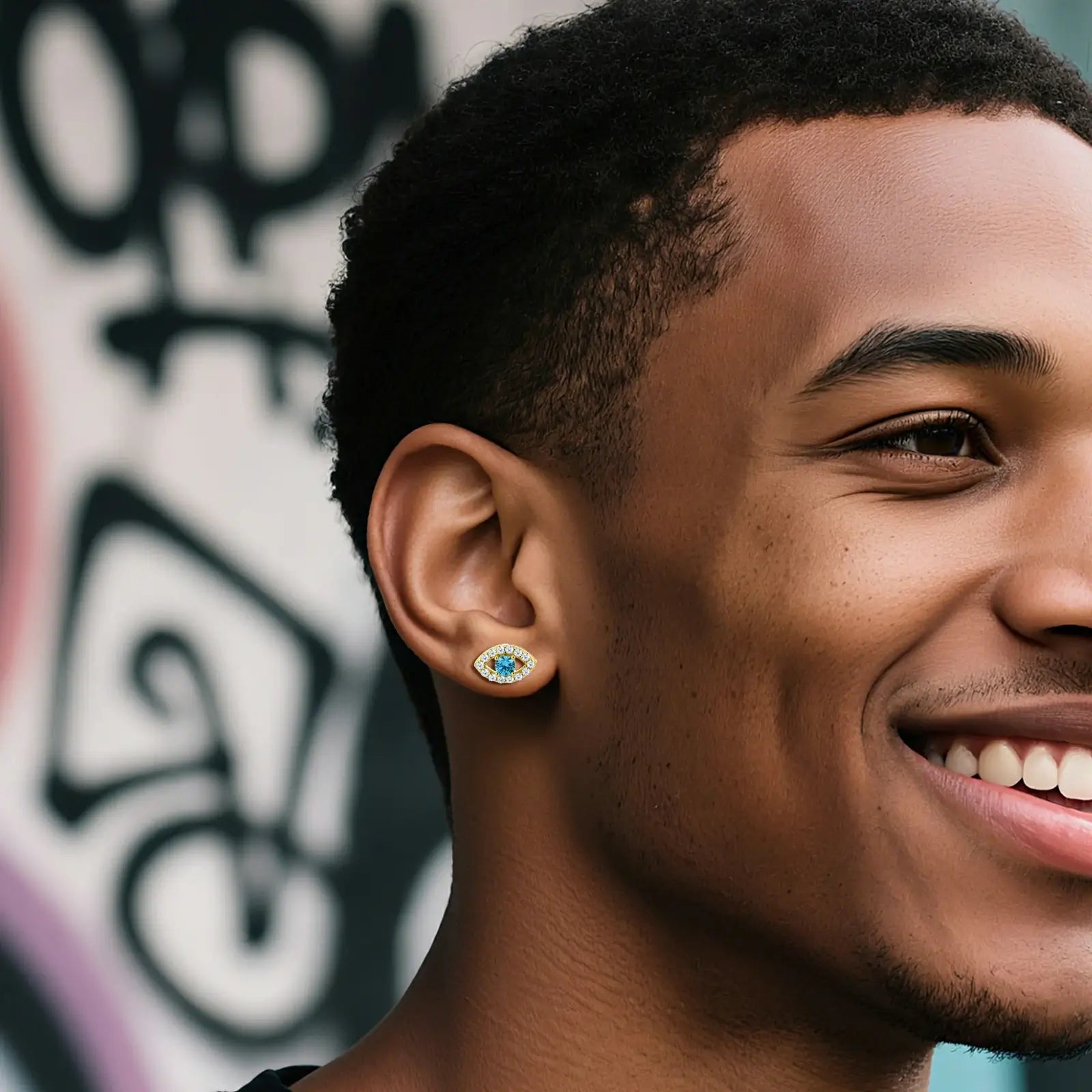 African American male model showcasing blue evil eye earrings - hypoallergenic S925 silver contrasting dark skin tone | Men's spiritual protection jewelry