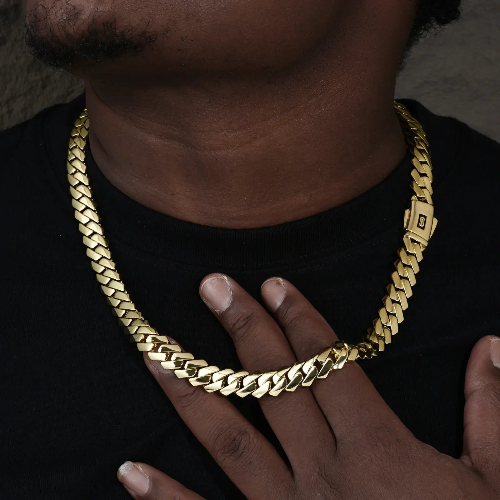 African American man wearing 14K gold Monaco Cuban link chain - 12mm heavyweight EDGE lock necklace | Premium hip-hop jewelry