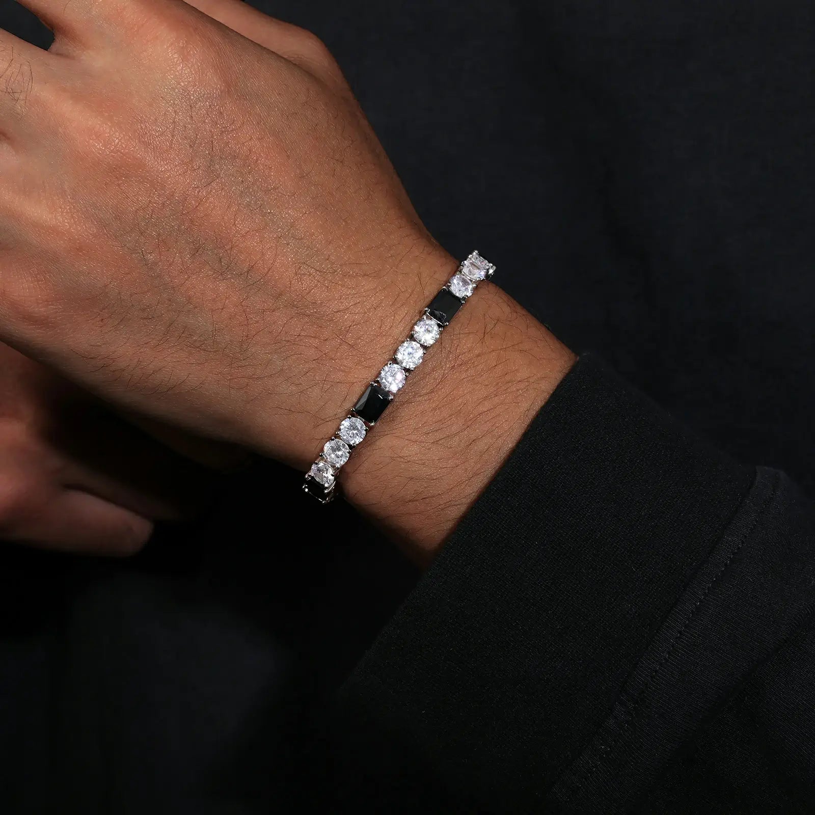 African American woman styling 6mm S925 bracelet - black cubic zirconia & white moissanite tennis chain in urban streetwear setting | Hypoallergenic luxury