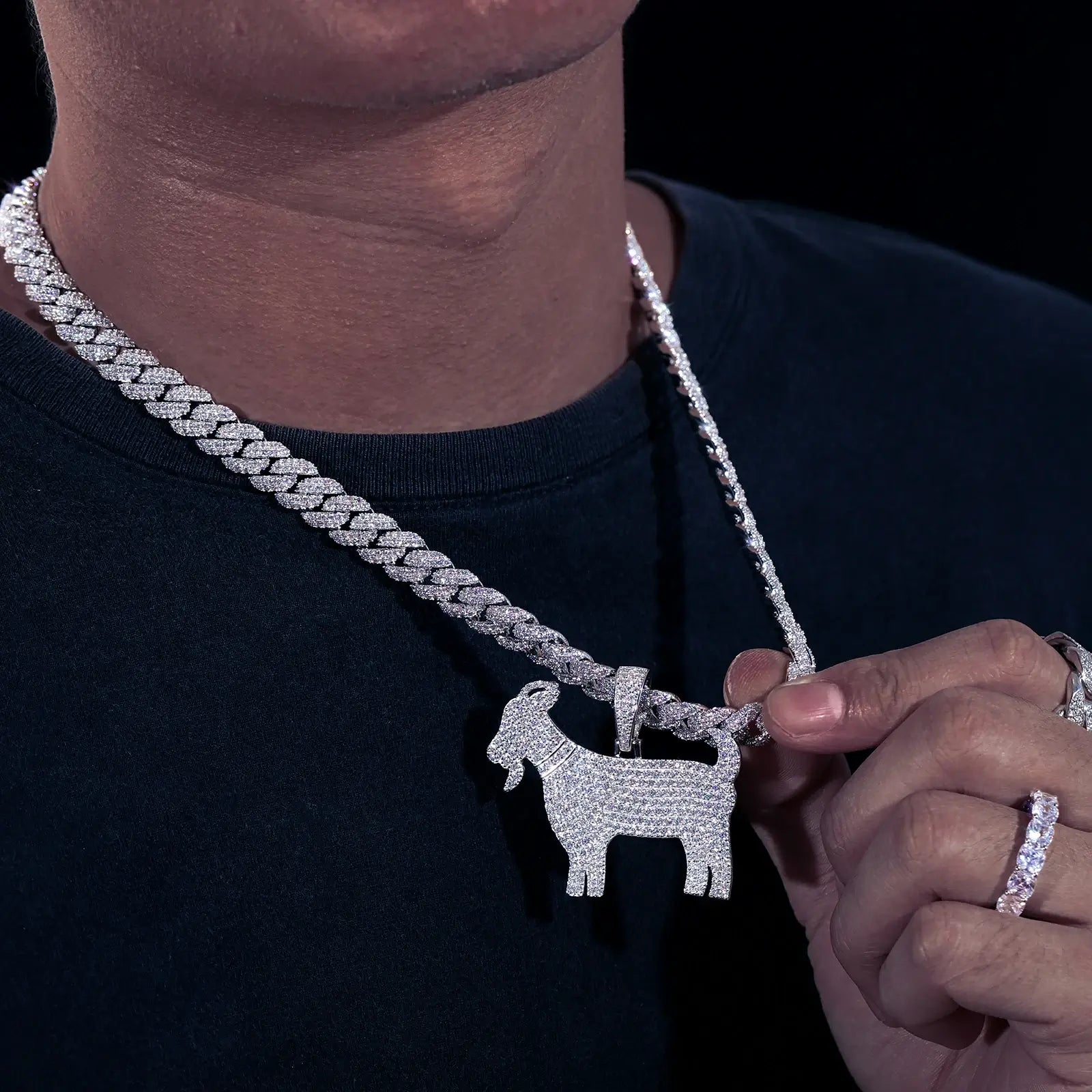 Black male styling S925 goat pendant with 10mm Cuban chain - hypoallergenic spiritual armor jewelry | Tarnish-proof silver