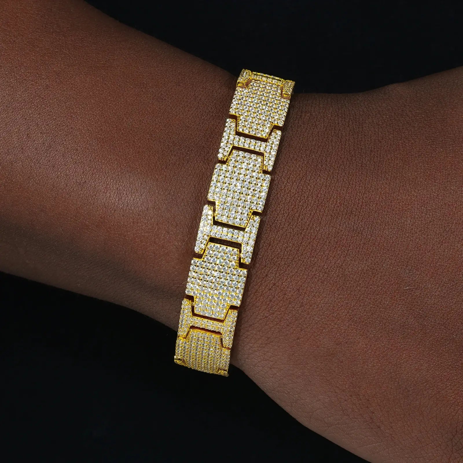 Black woman styling 14mm yellow gold watch band bracelet - VVS moissanite stones shining under gym lighting, hypoallergenic S925 silver