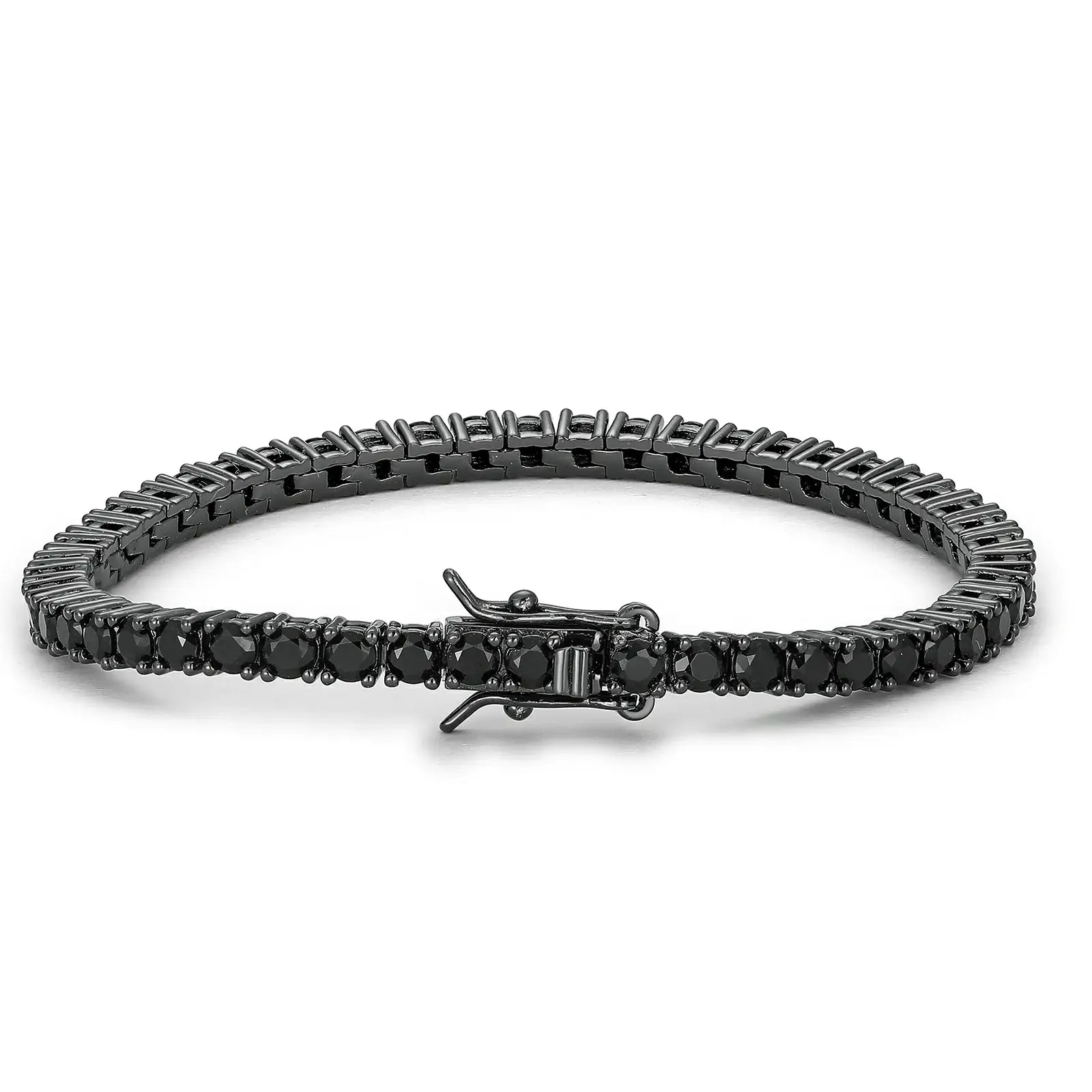 Black and gold moissanite tennis bracelet isolated on white background, highlighting contrast and sophisticated design details