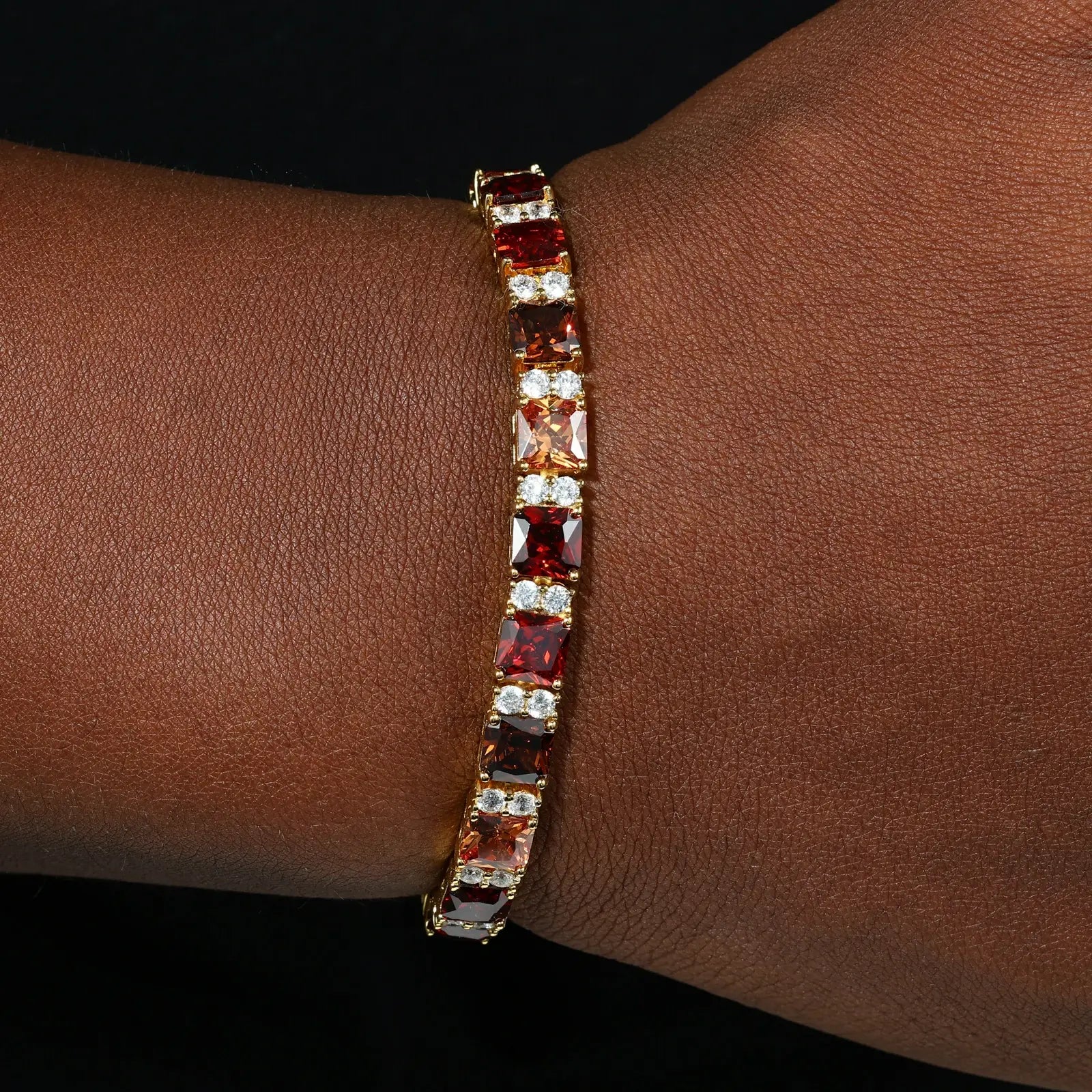 African American man wearing 7mm yellow gold gradient tennis bracelet - mocha mousse color transition | Hypoallergenic S925 silver core