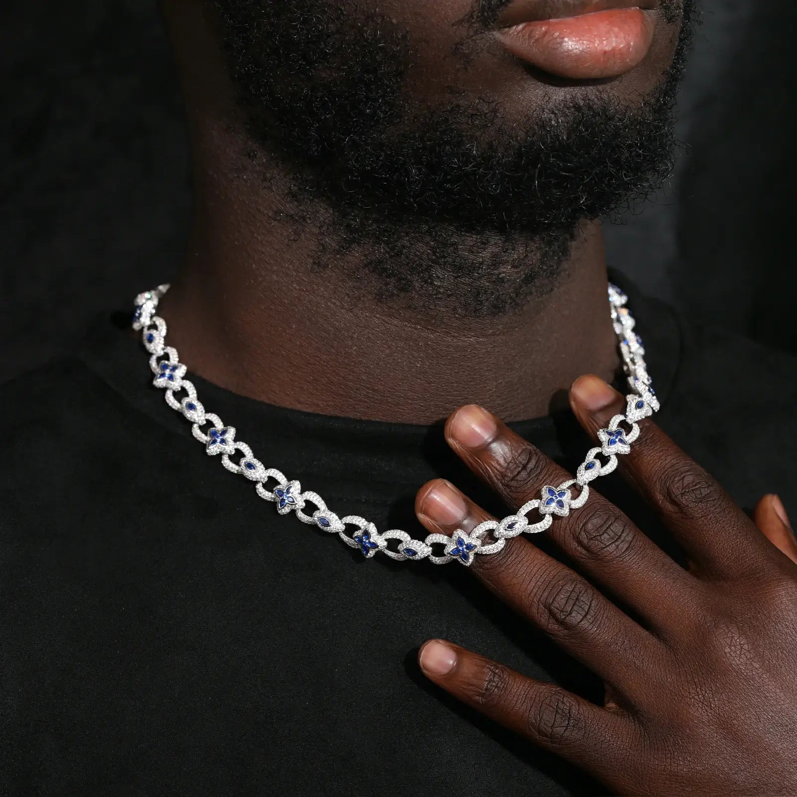 African American man wearing white gold S925 chain - evil eye and clover charms with moissanite sparks | Spiritual armor jewelry