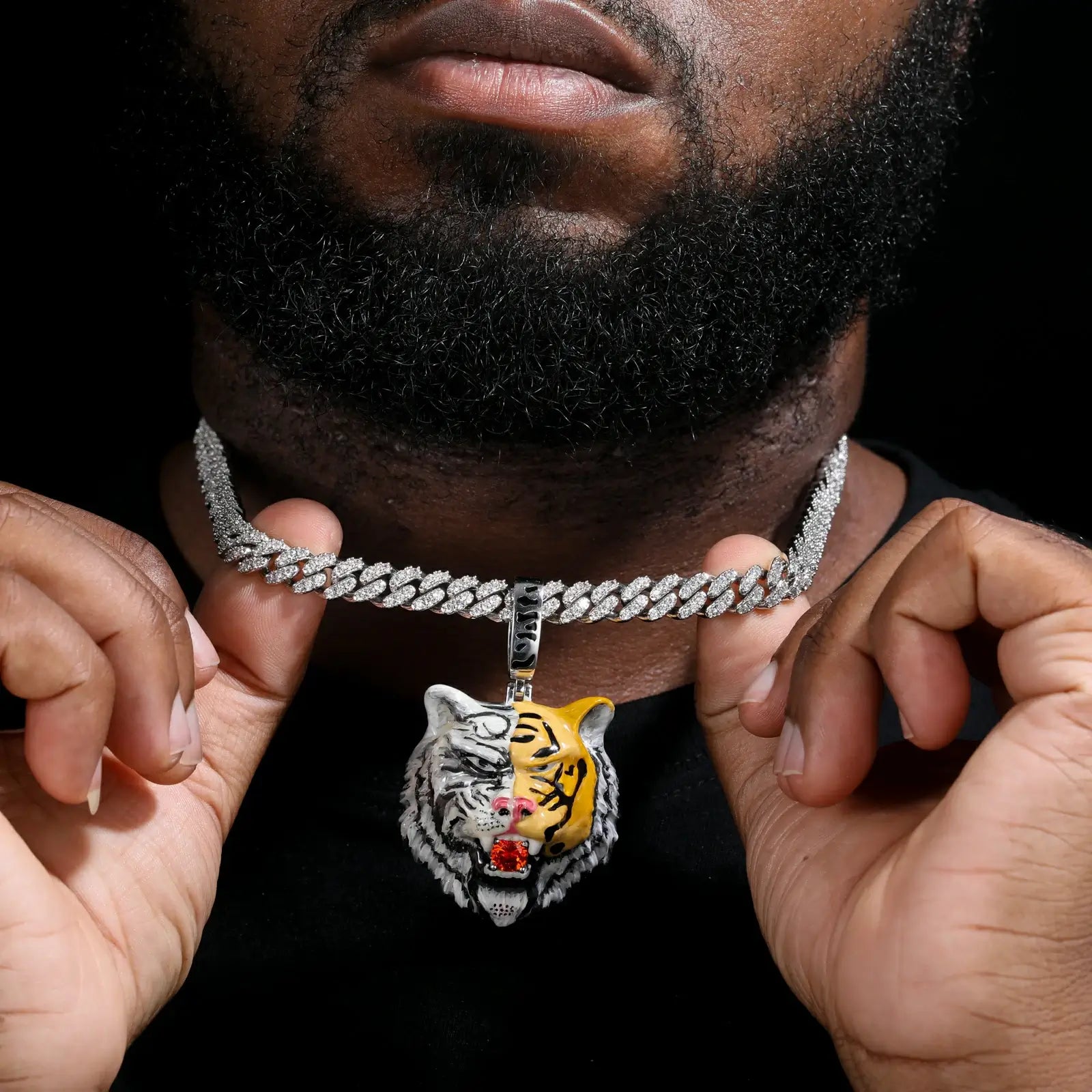 Caucasian man wearing JADE tiger pendant on Cuban chain - S925 silver with enamel plating | Waterproof statement necklace