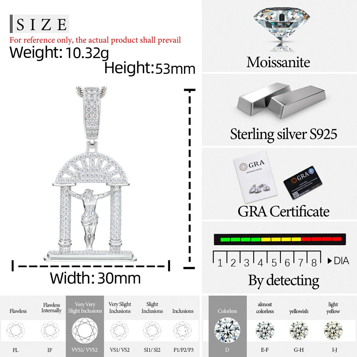 S925 Moissanite Temple Crucifix Pendant