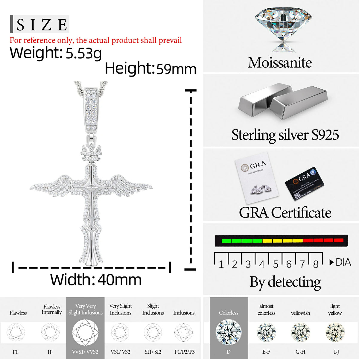 S925 Moissanite Scepter Wings Cross Pendant