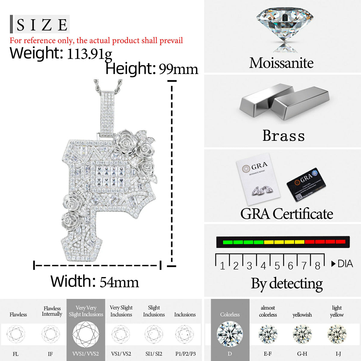 Baguette Moissanite Rose Letter P Pendant