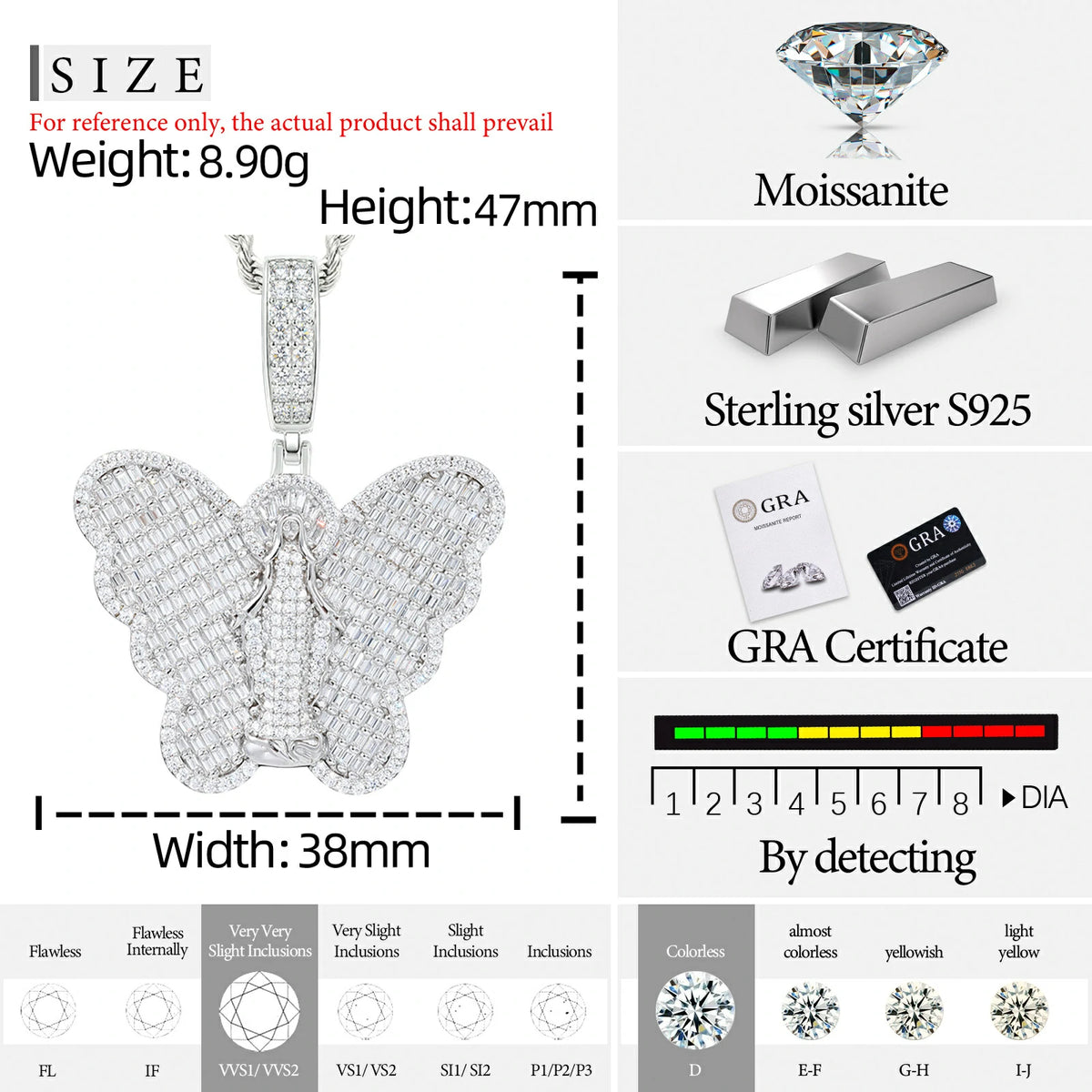 S925 Moissanite Virgin Mary Butterfly Pendant