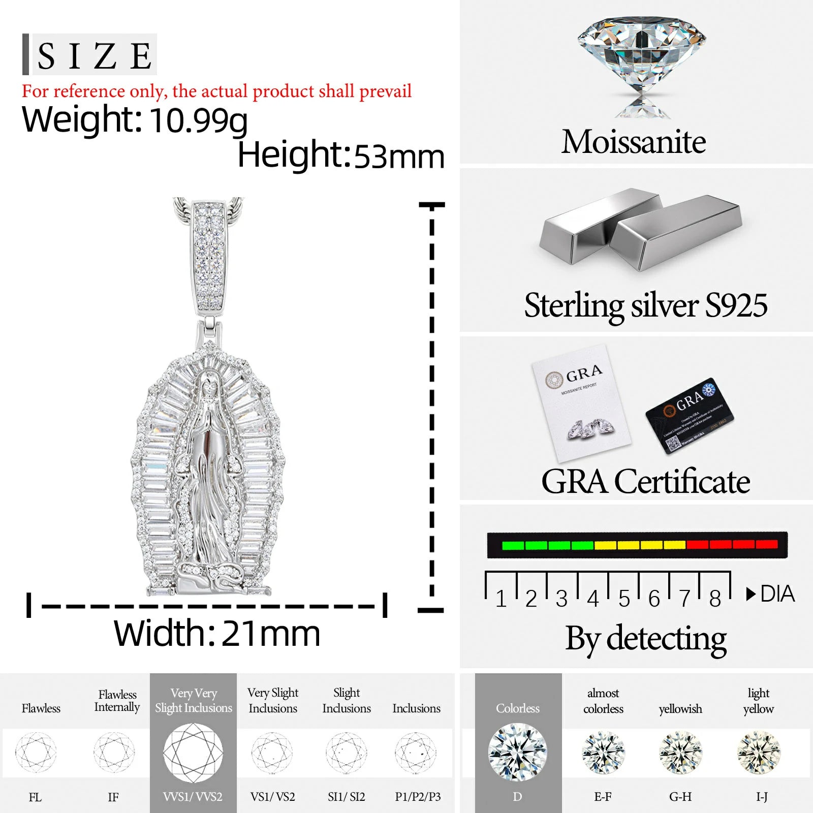 S925 Baguette Moissanite Our Lady of Guadalupe Pendant