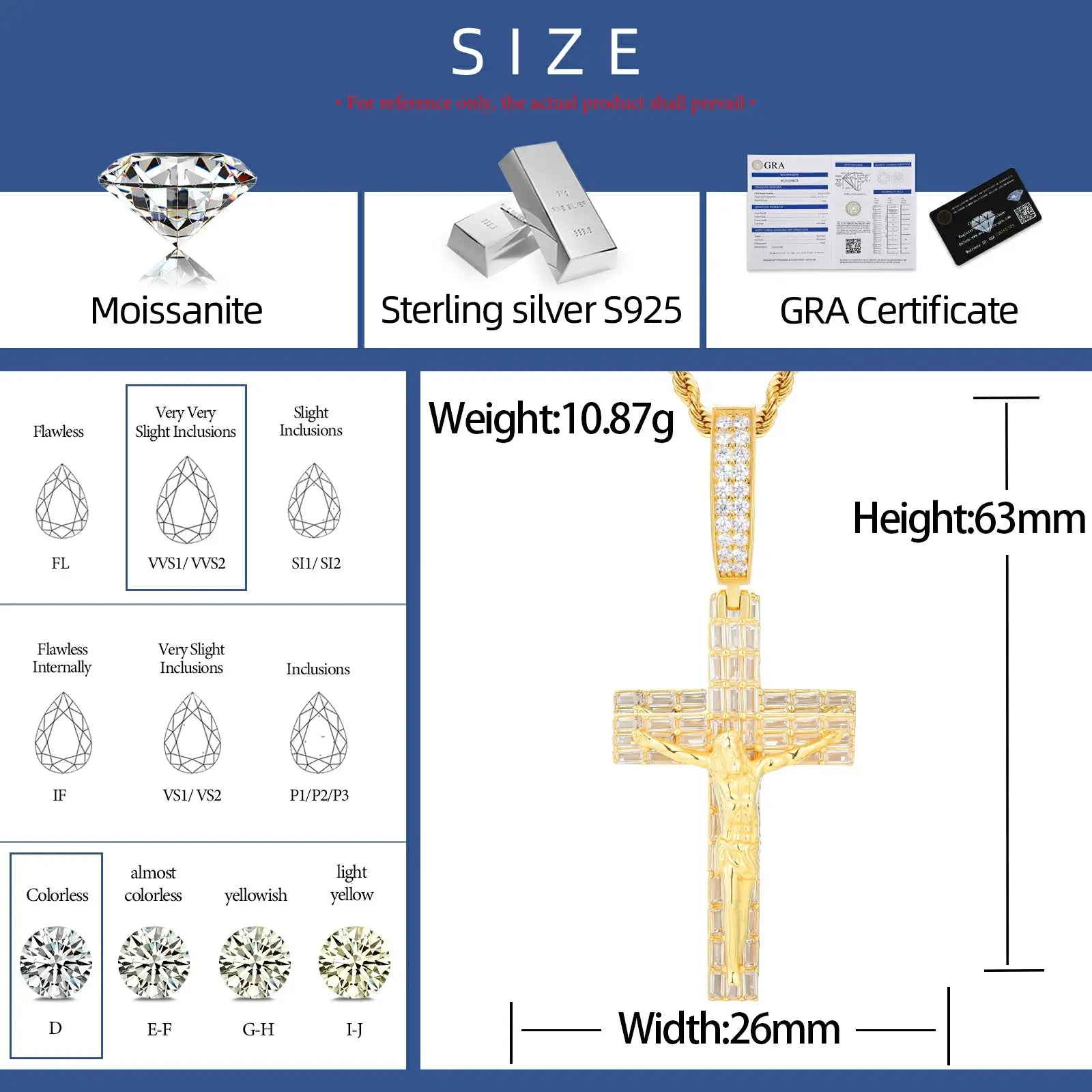 S925 Baguette Moissanite Crucifix Cross Pendant