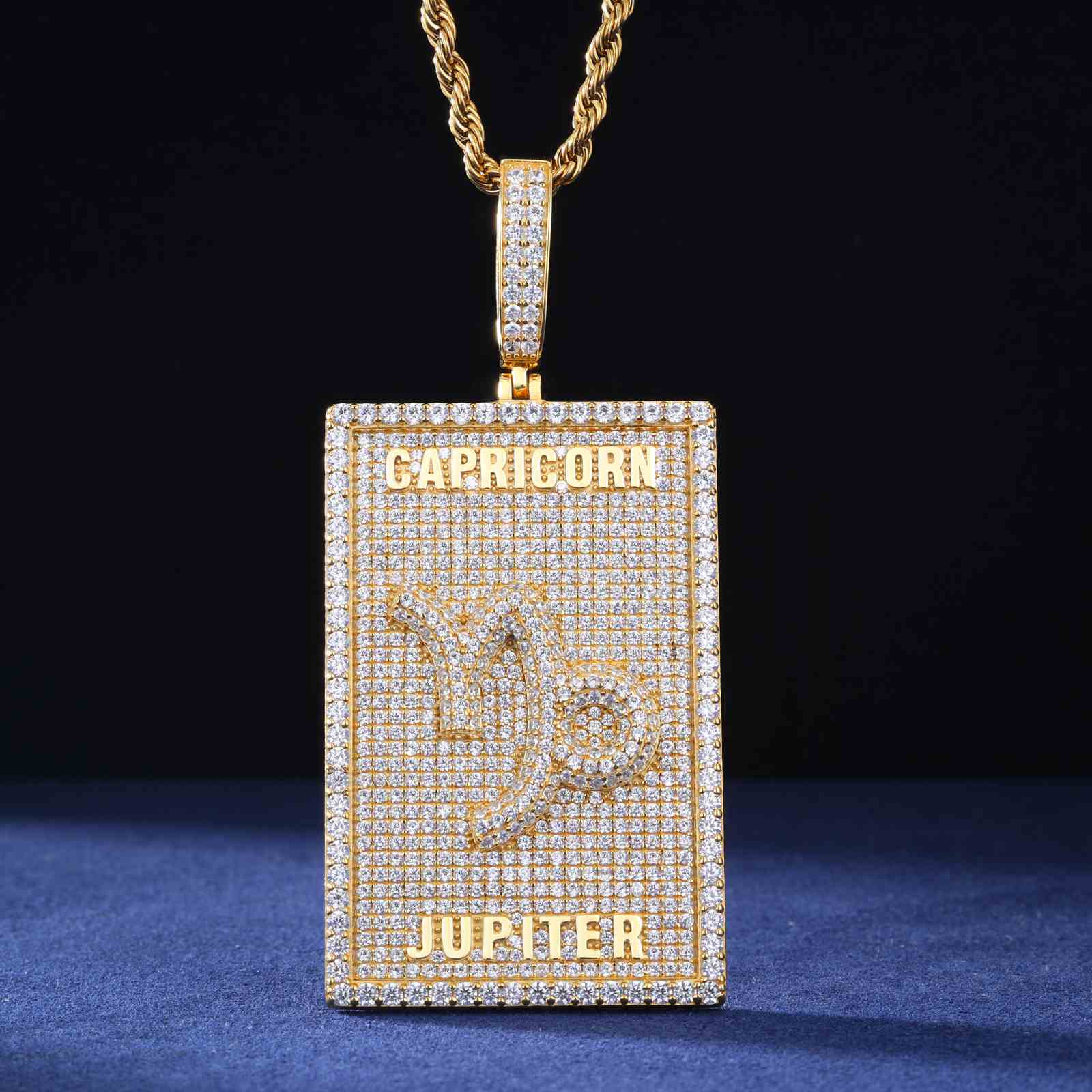 S925 Capricorn pendant displayed on vintage astrology star chart, highlighting zodiac symbolism and moissanite sparkle