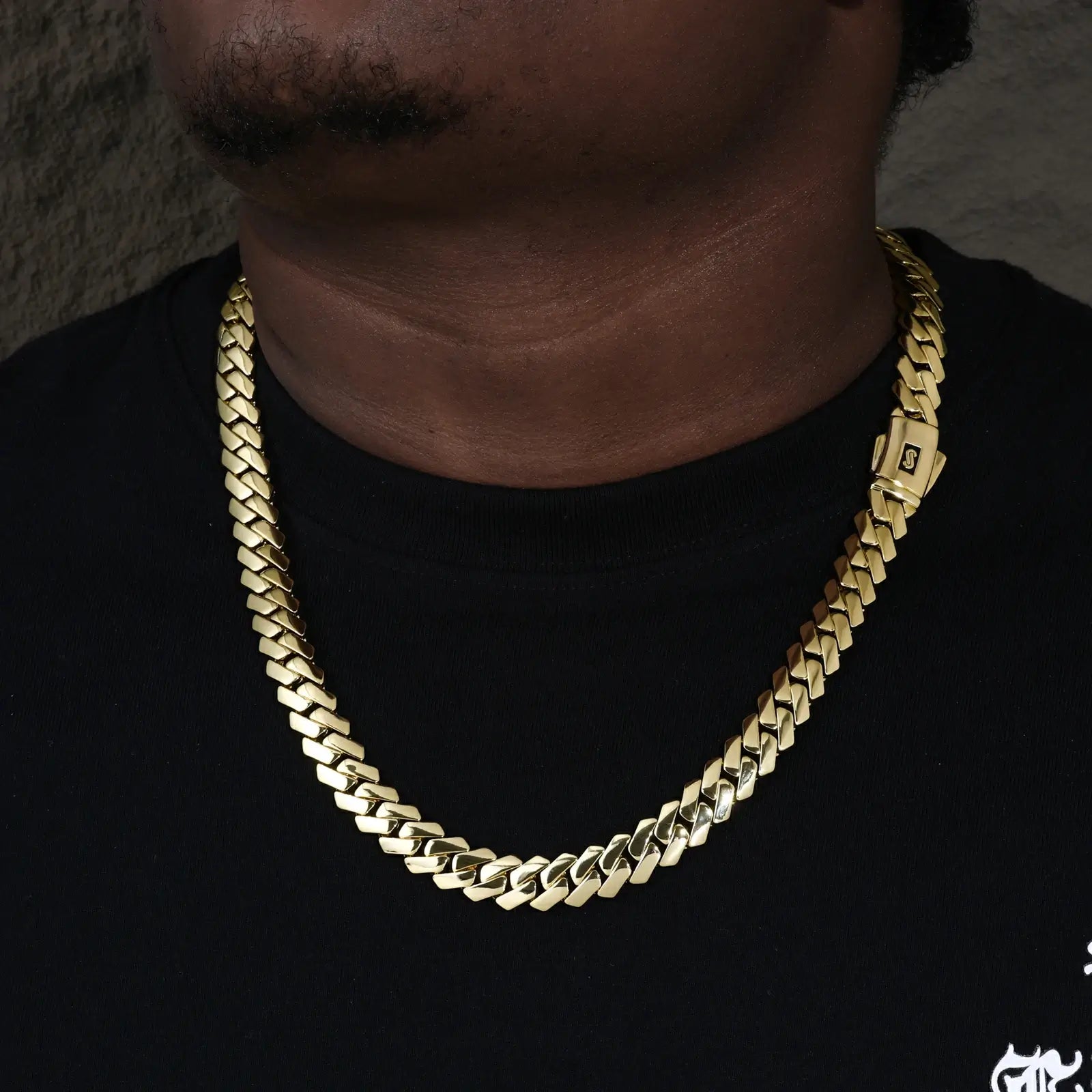 Caucasian man styling 14K gold Monaco Cuban chain - 12mm EDGE plain lock | Luxury men's statement jewelry