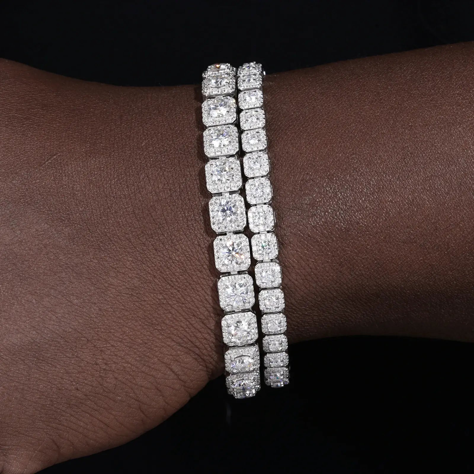 Caucasian male modeling 6mm width tennis bracelet - S925 silver with moissanite square halos | Slimmer luxury option