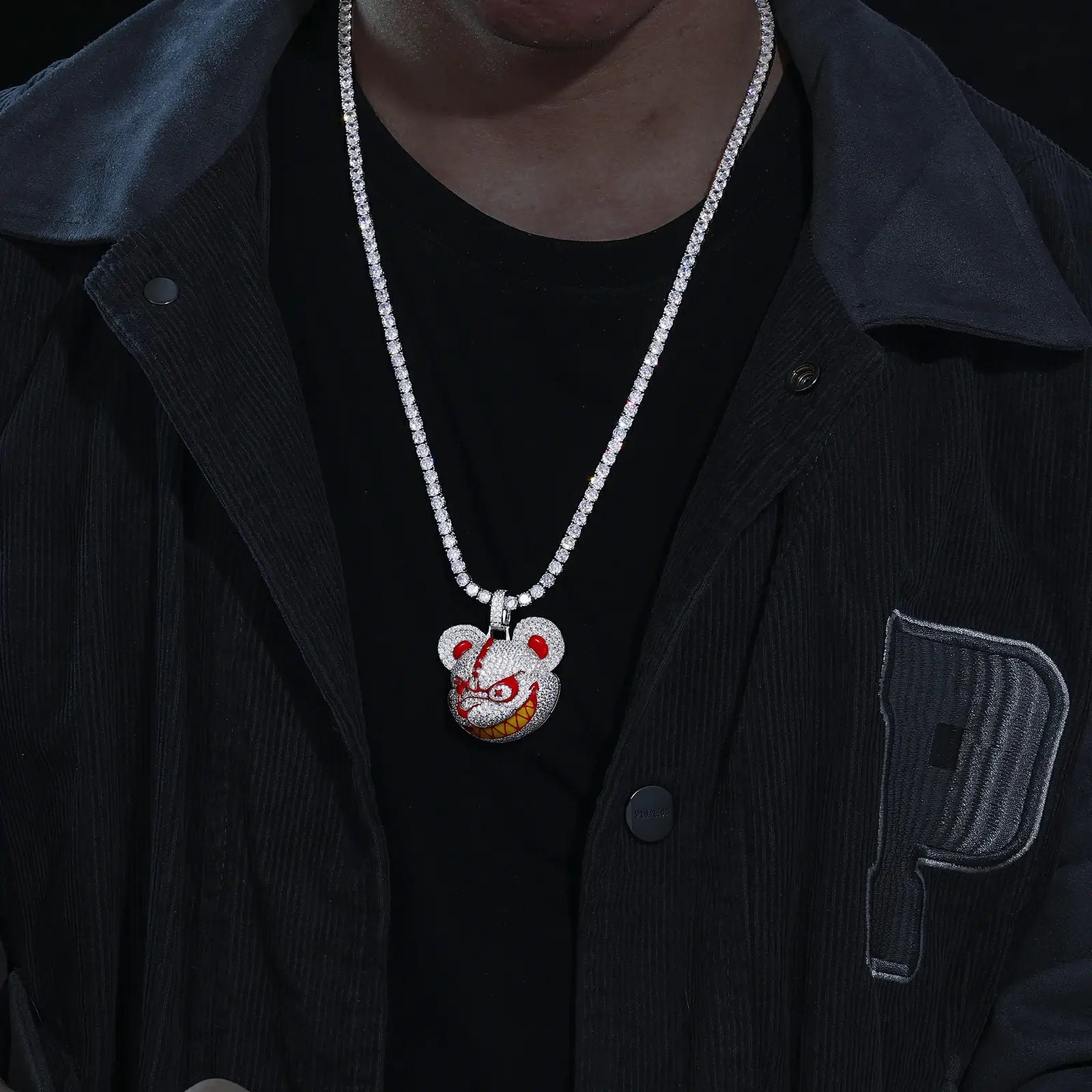 Caucasian man wearing S925 bear pendant on tennis chain - moissanite-accented violent bear design | Waterproof statement necklace