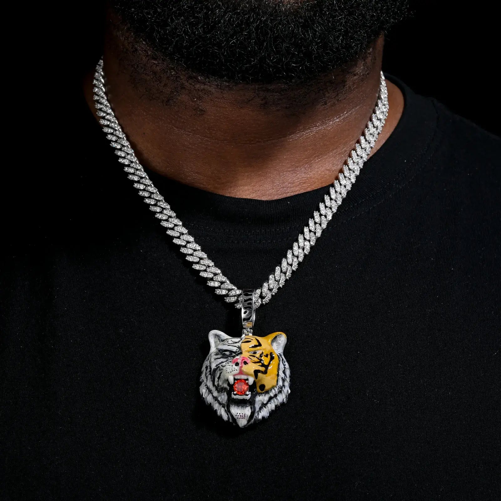 Caucasian man wearing JADE tiger pendant on Cuban chain - S925 silver with enamel plating | Waterproof statement necklace
