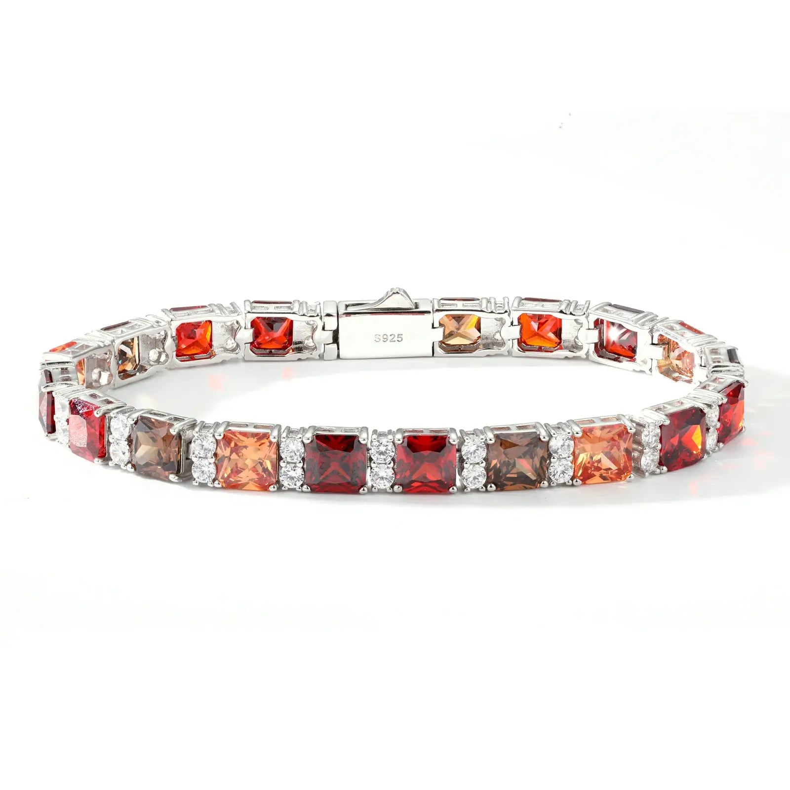 Isolated white gold gradient tennis bracelet - mocha mousse color transition under studio lights | 2.65 RI fire refraction