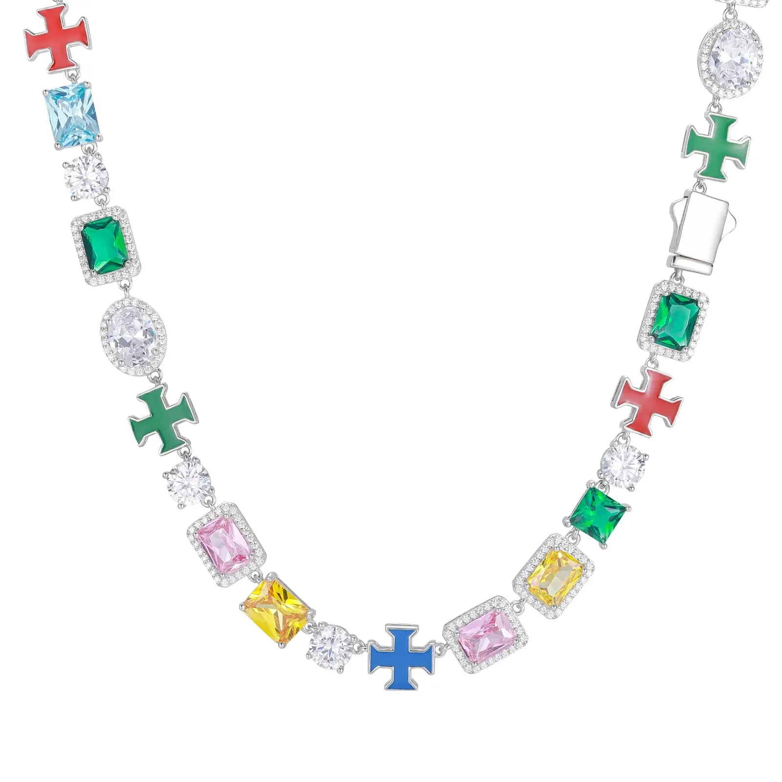 Isolated white gold tennis chain - 10mm enamel crosses with diamond-like moissanite fire | GRA-certified S925 jewelry
